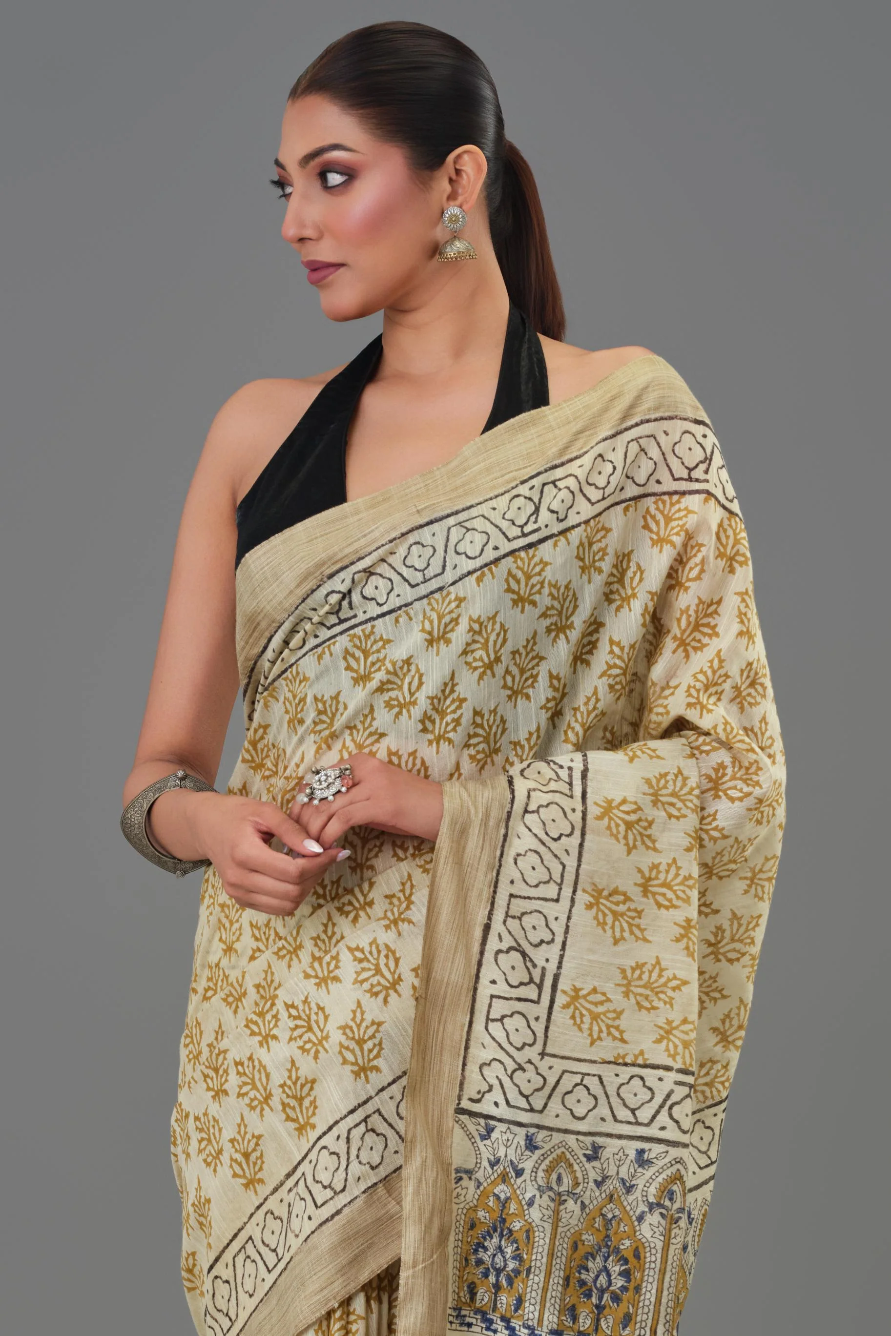 Mustard Hand Block Printed Linen Saree - Image 6