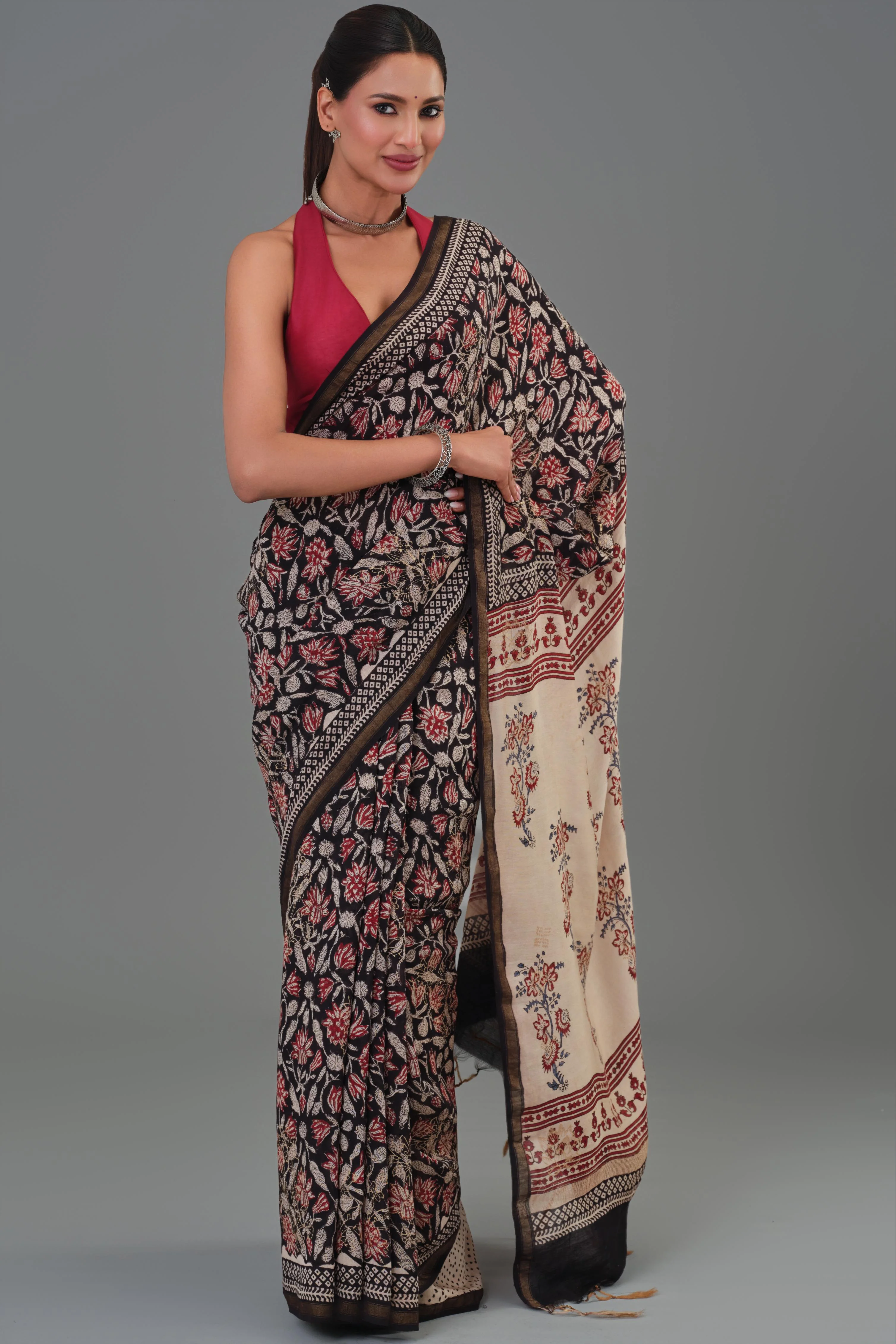 Black Gold Block Printed Pure Chanderi Silk Saree - Image 7
