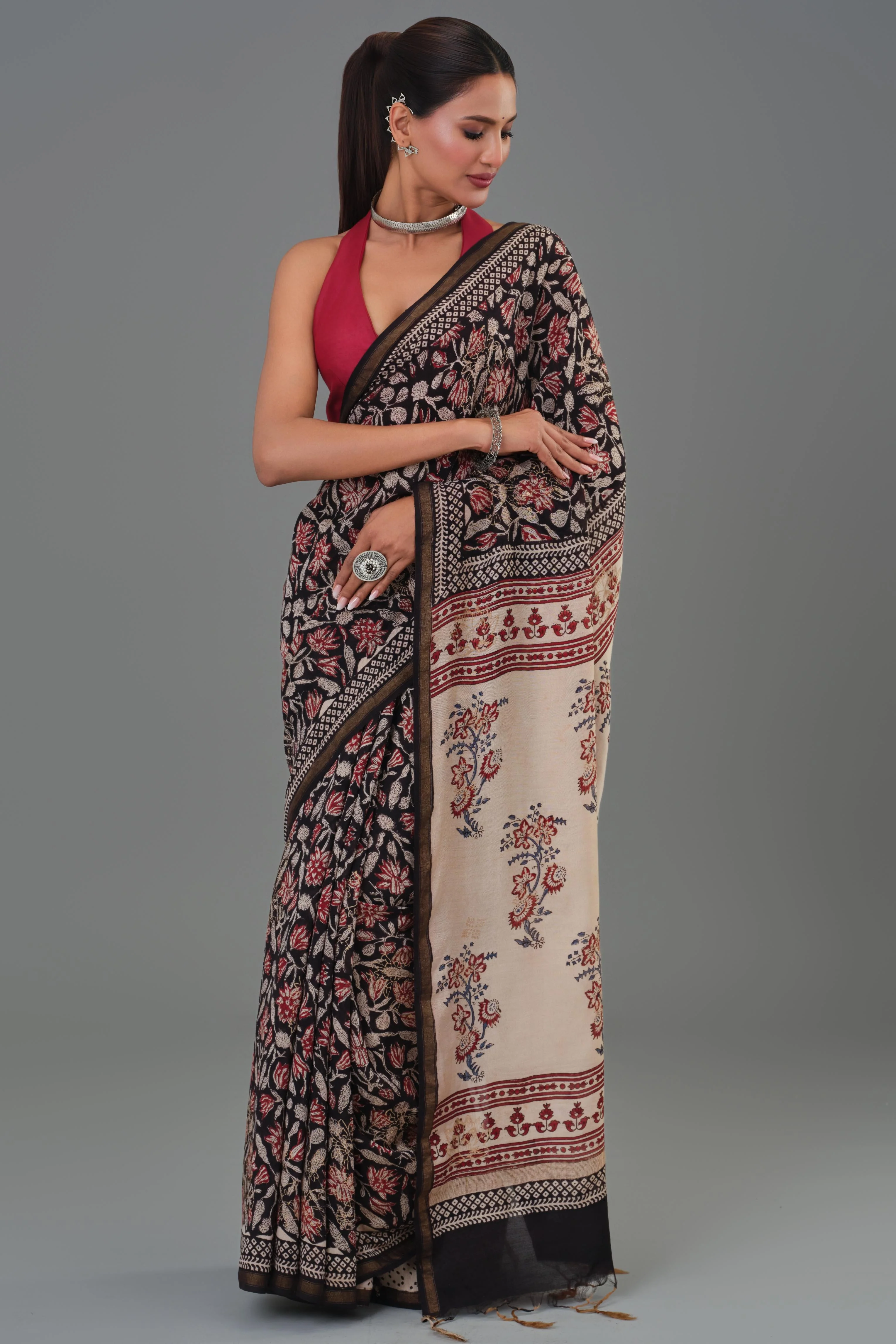 Black Gold Block Printed Pure Chanderi Silk Saree - Image 8