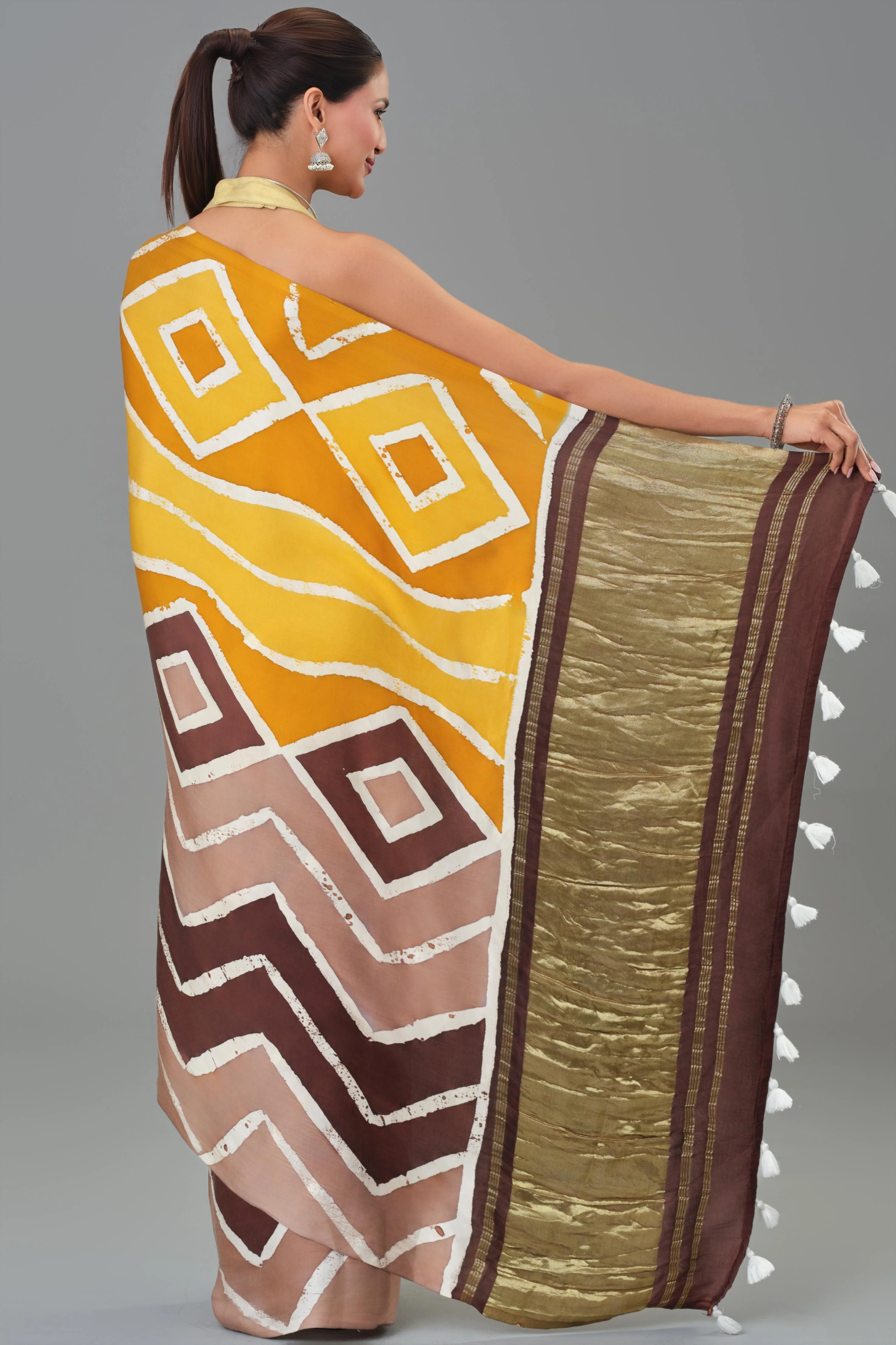 Yellow Hand Block Printed Satin Silk Saree - Image 3