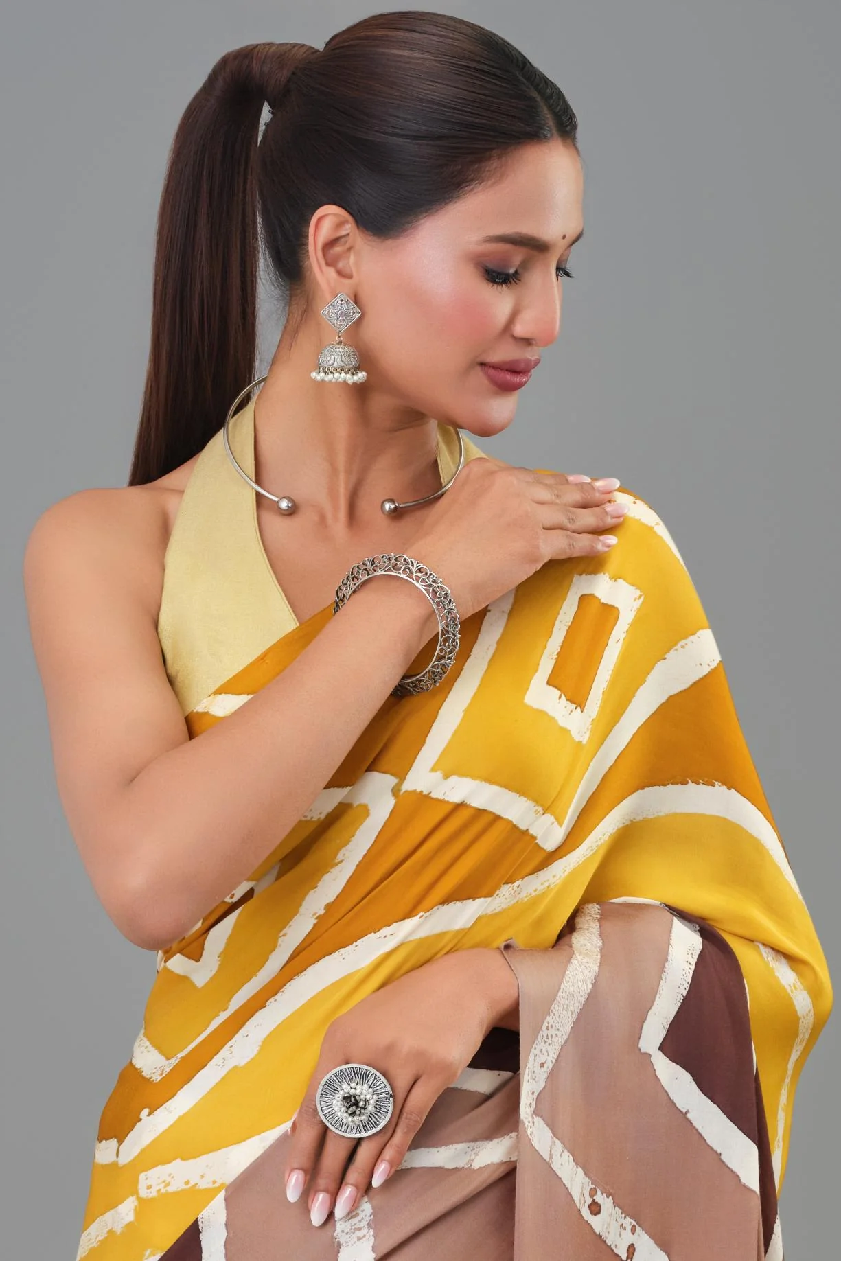 Yellow Hand Block Printed Satin Silk Saree - Image 4