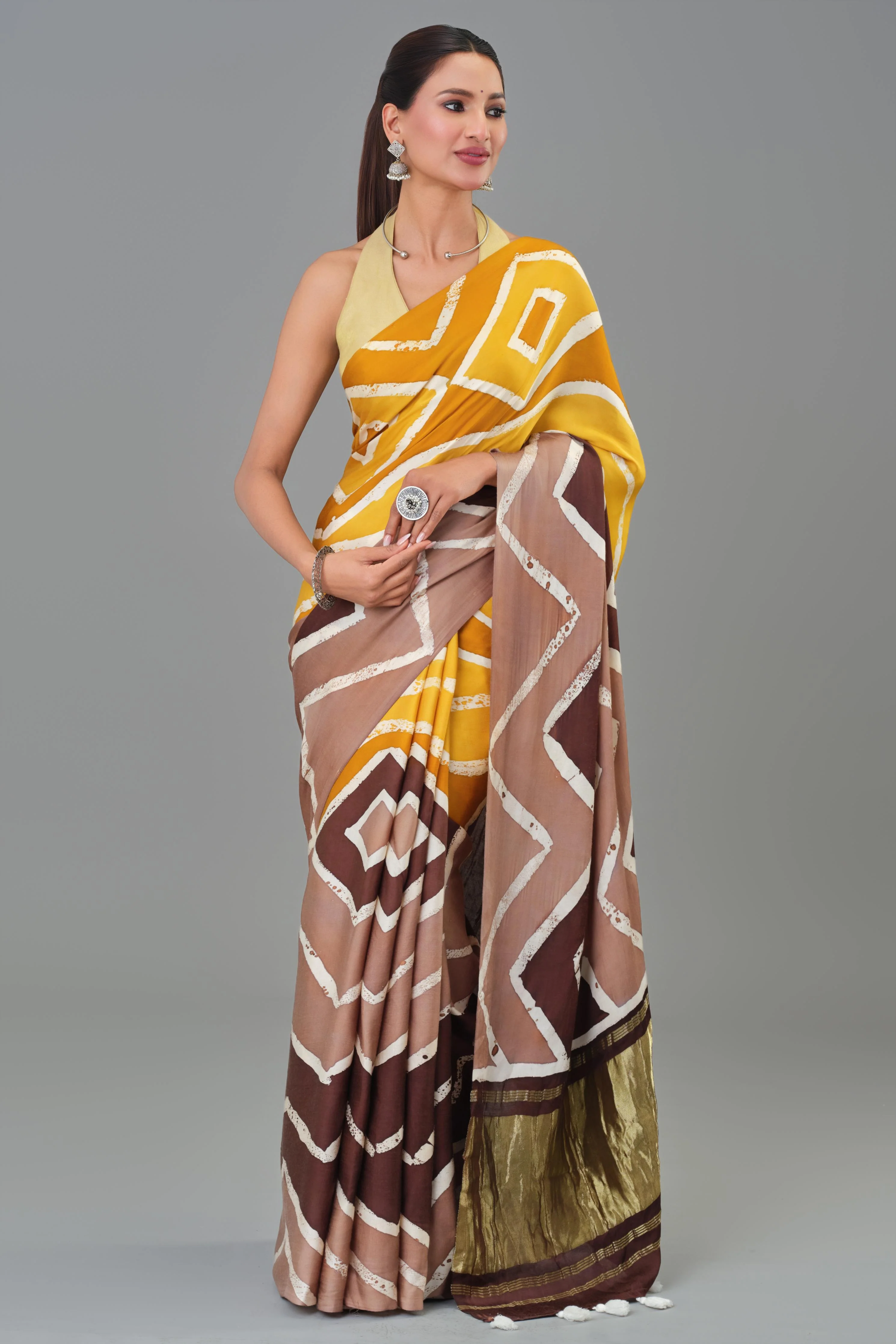 Yellow Hand Block Printed Satin Silk Saree - Image 5