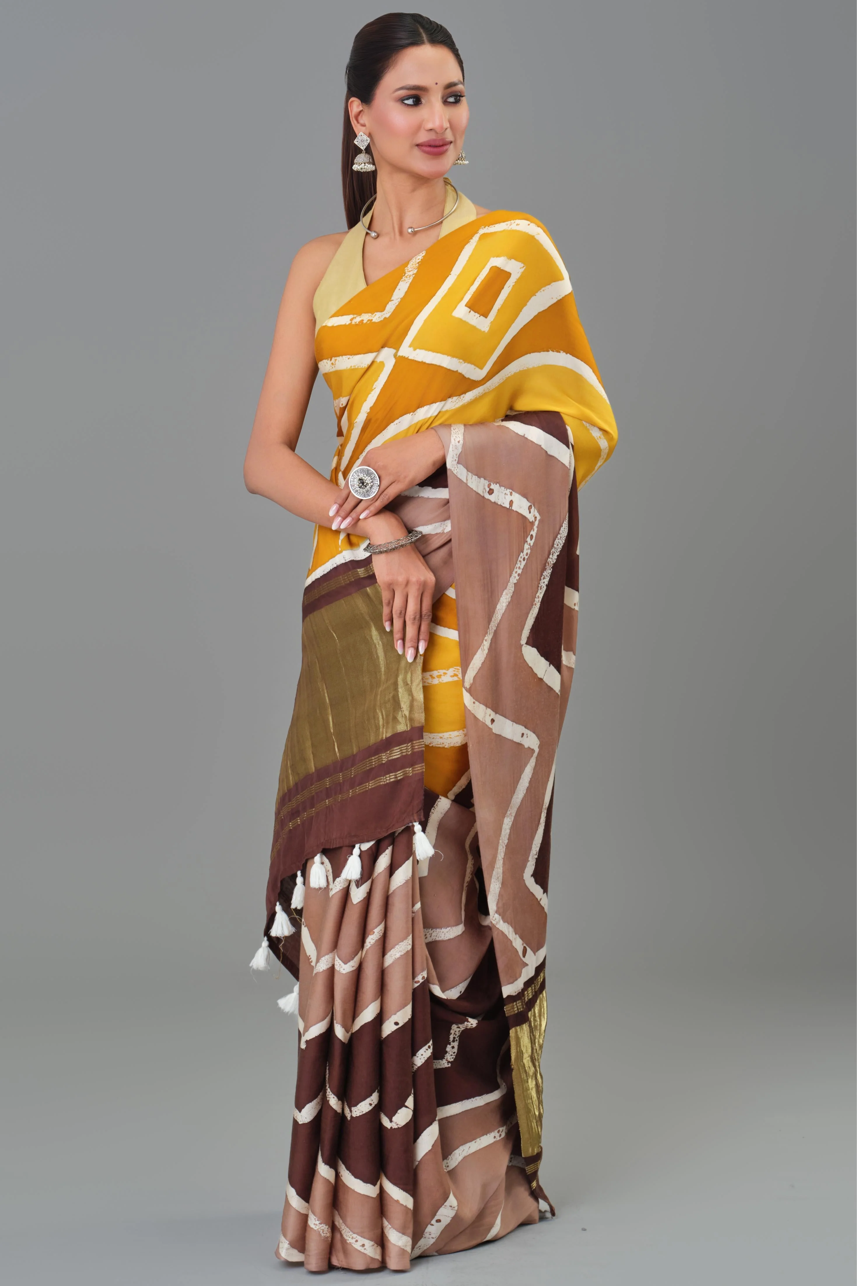 Yellow Hand Block Printed Satin Silk Saree - Image 6