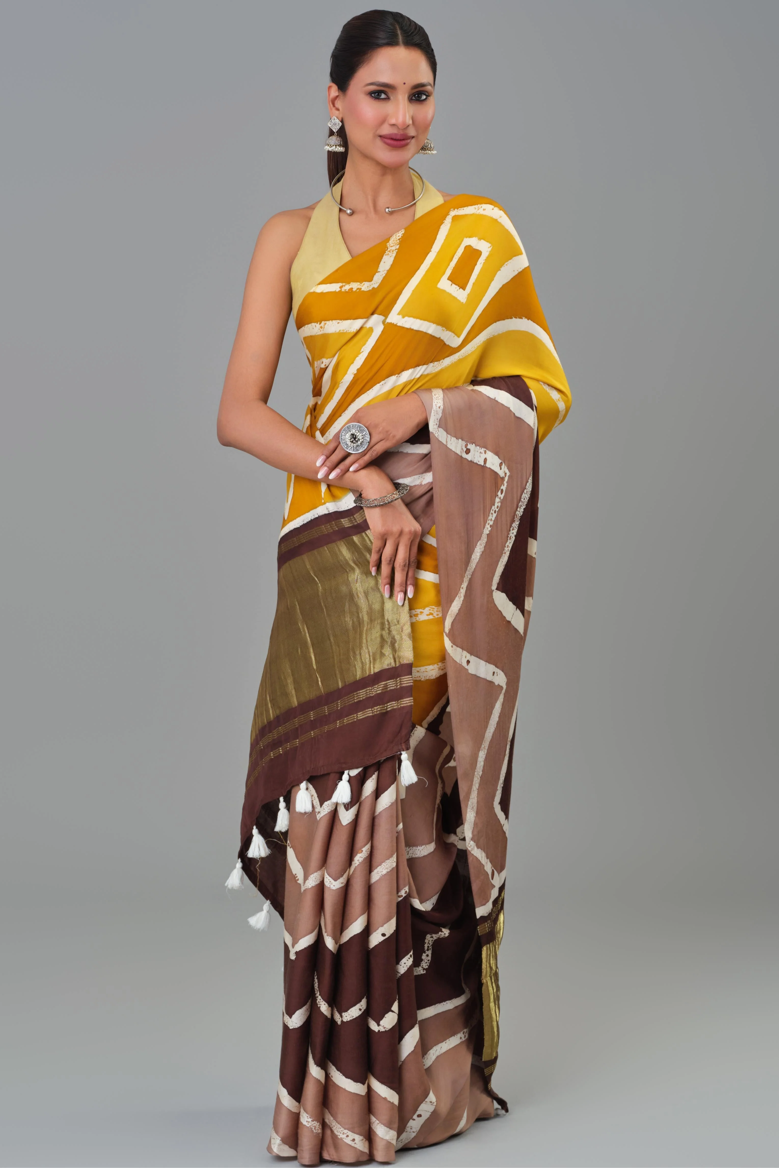 Yellow Hand Block Printed Satin Silk Saree - Image 7