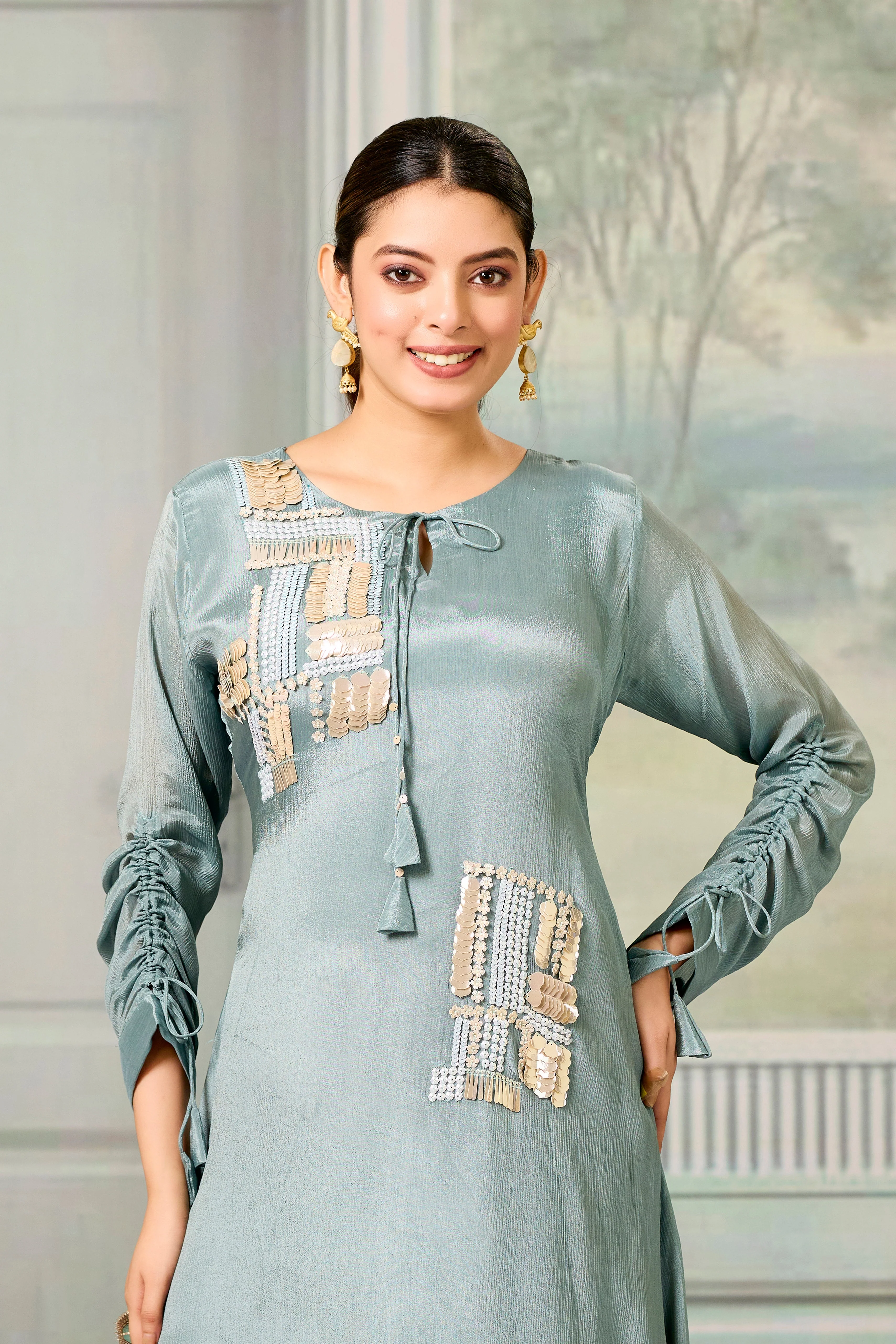 Teal Handwork Chinon Silk Dress - Image 2