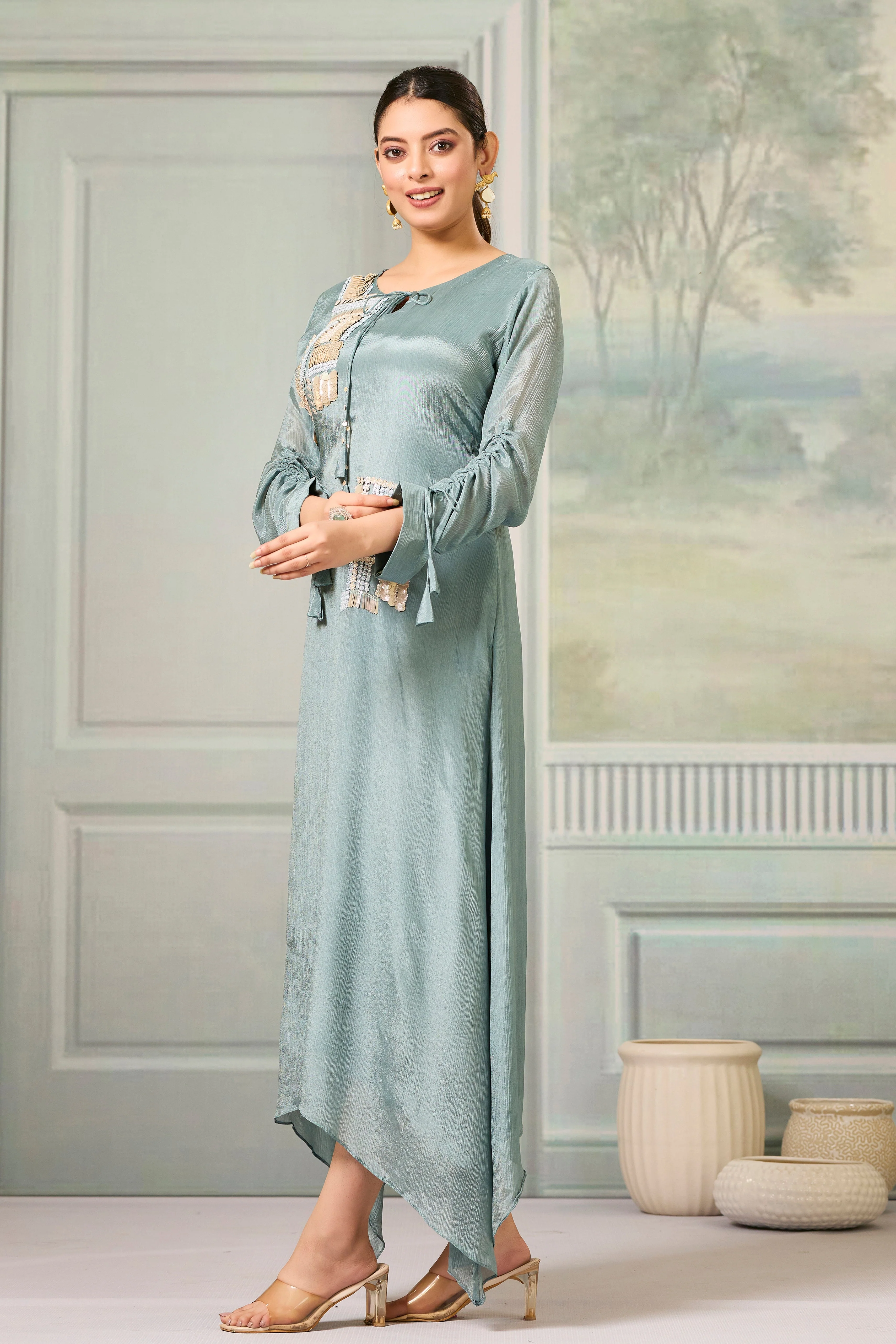 Teal Handwork Chinon Silk Dress - Image 3