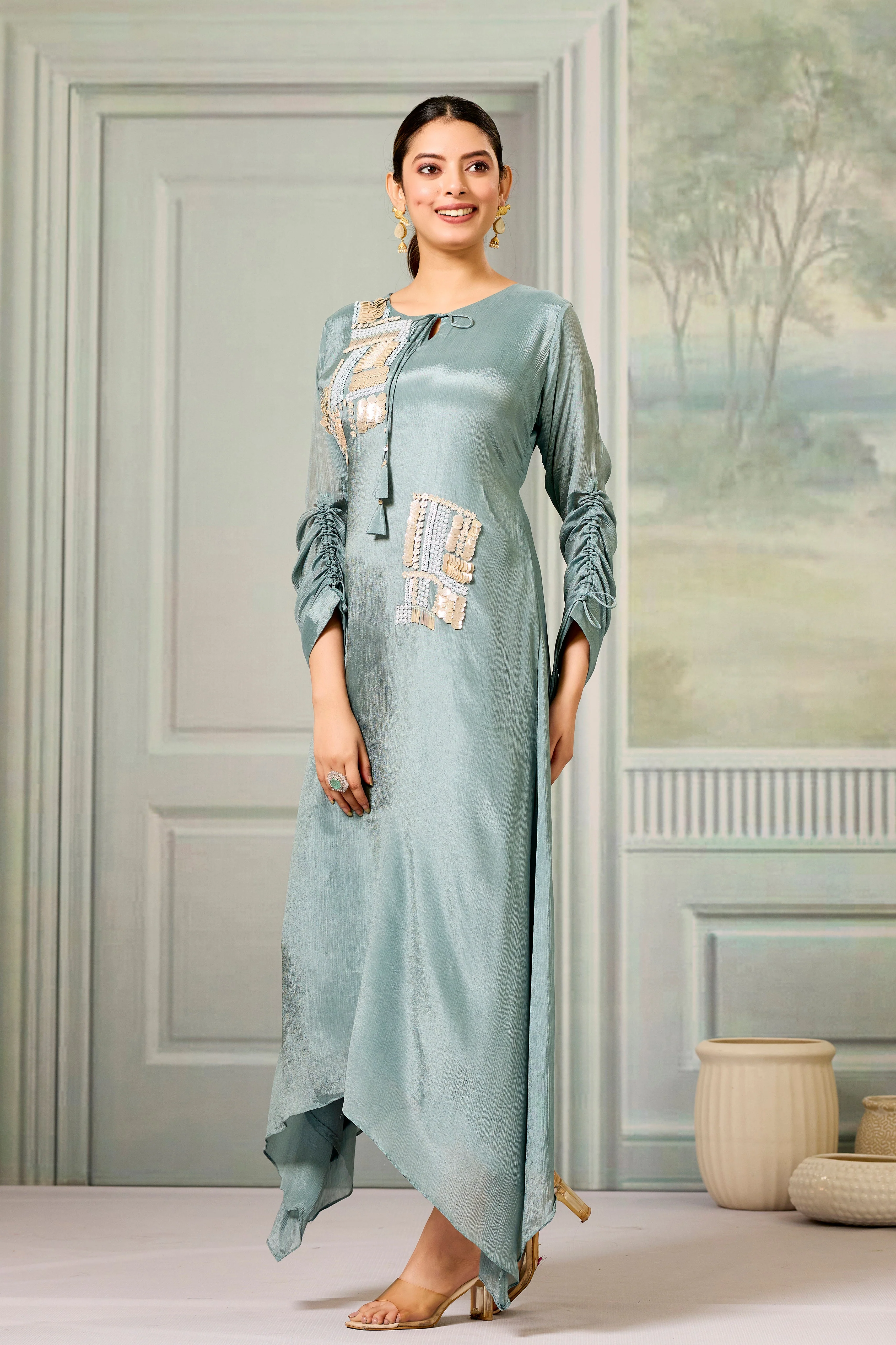 Teal Handwork Chinon Silk Dress - Image 4