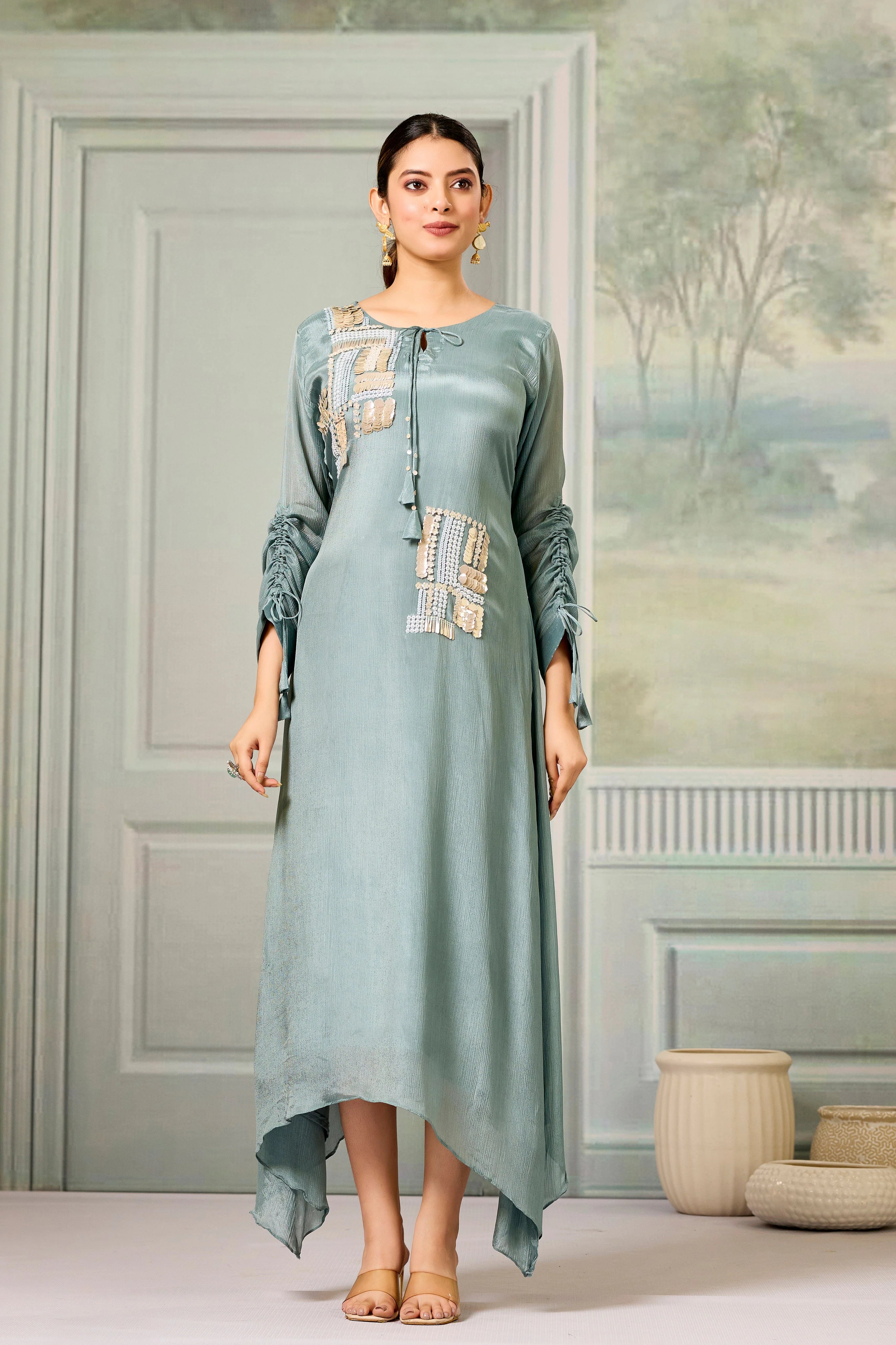 Teal Handwork Chinon Silk Dress - Image 5