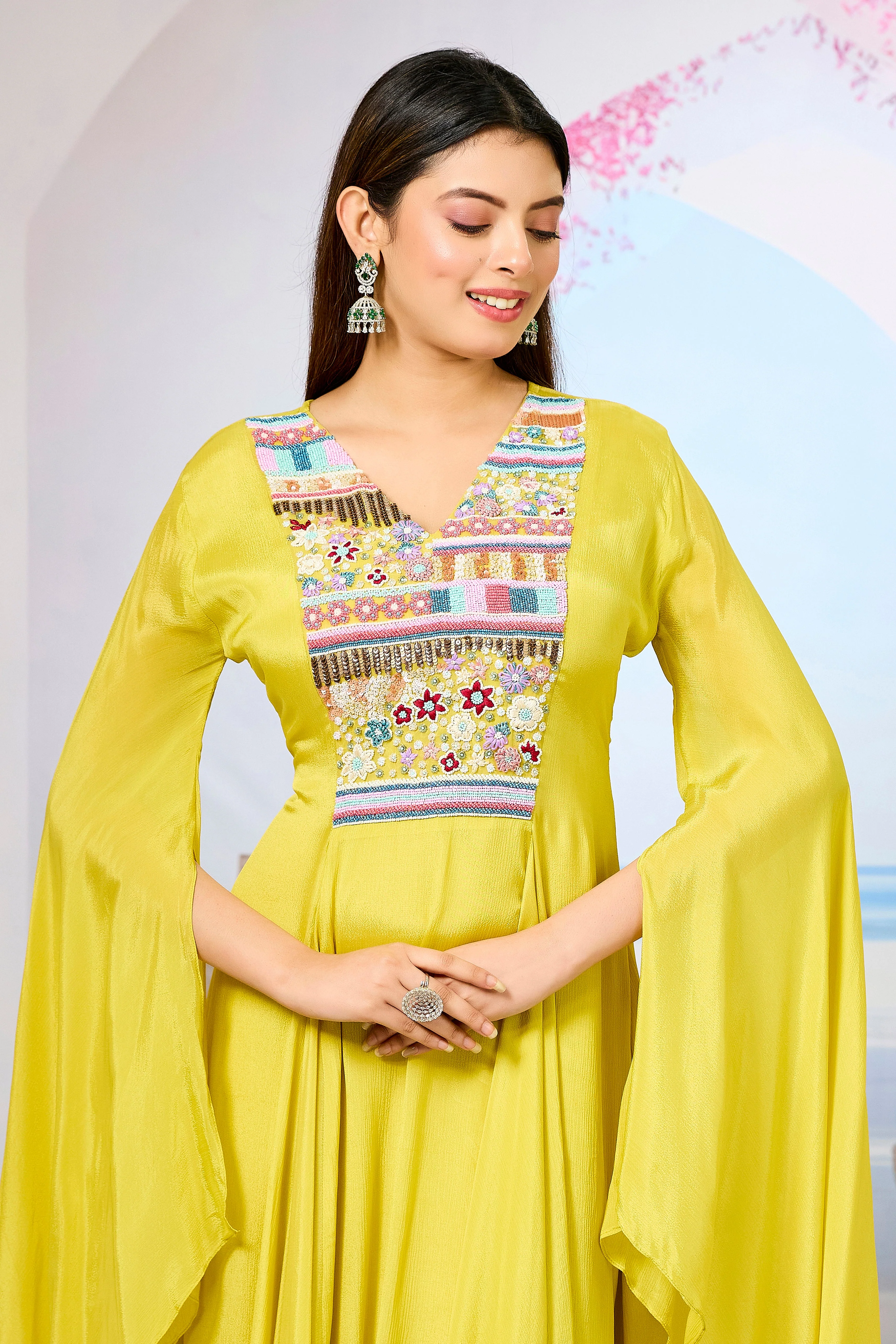 Yellow Handwork Chinon Silk Dress - Image 2