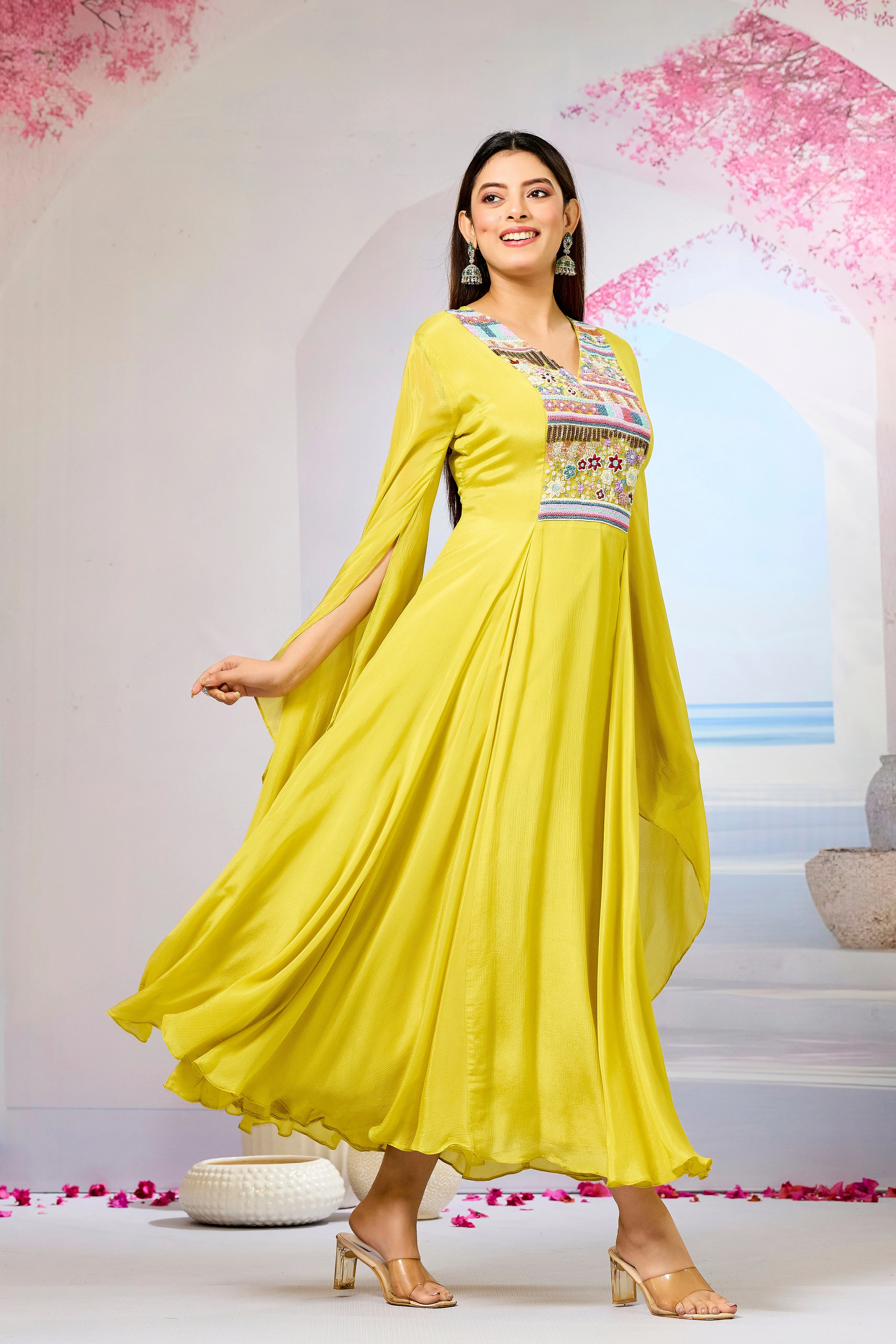 Yellow Handwork Chinon Silk Dress - Image 3