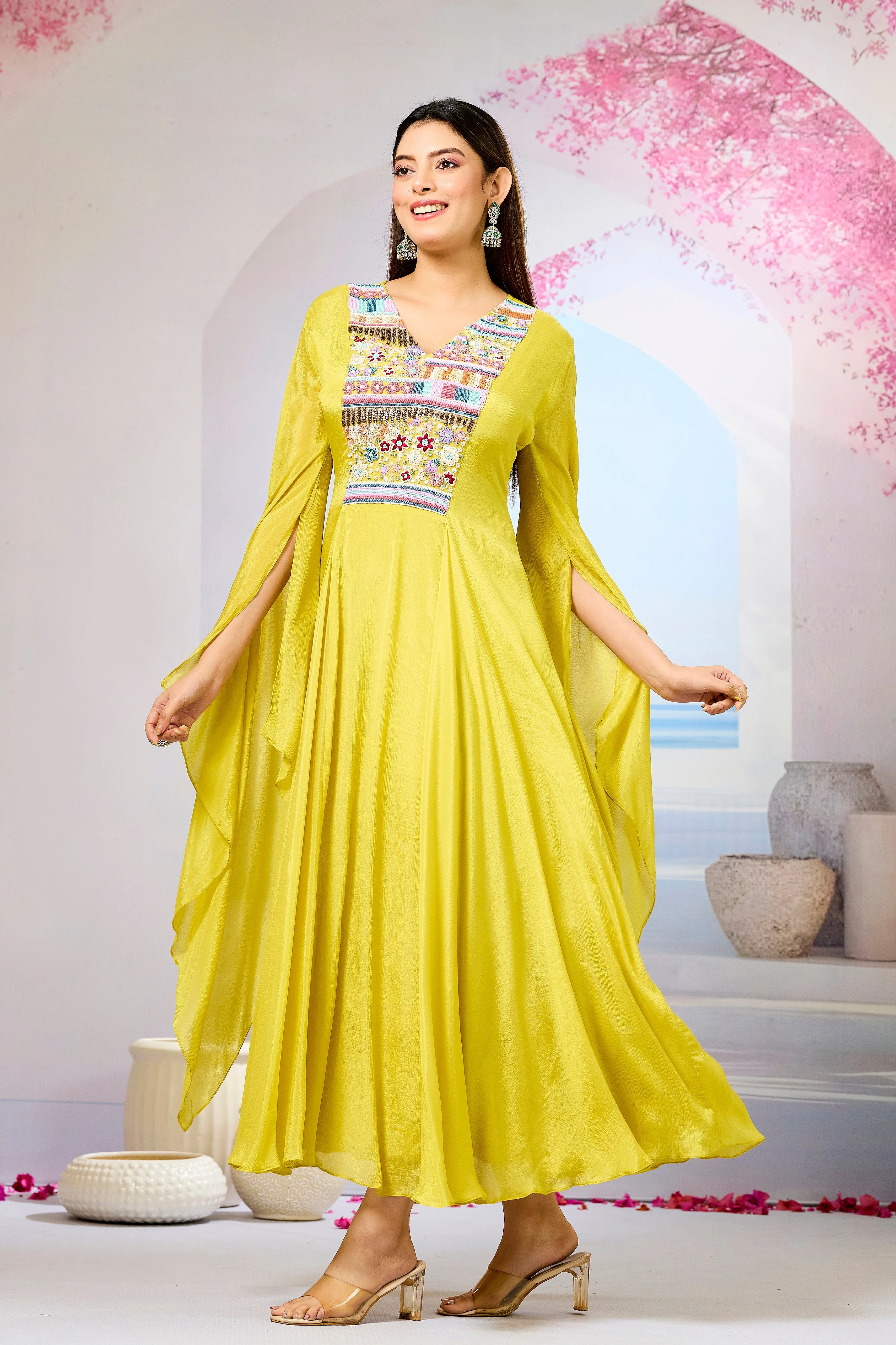Yellow Handwork Chinon Silk Dress - Image 4