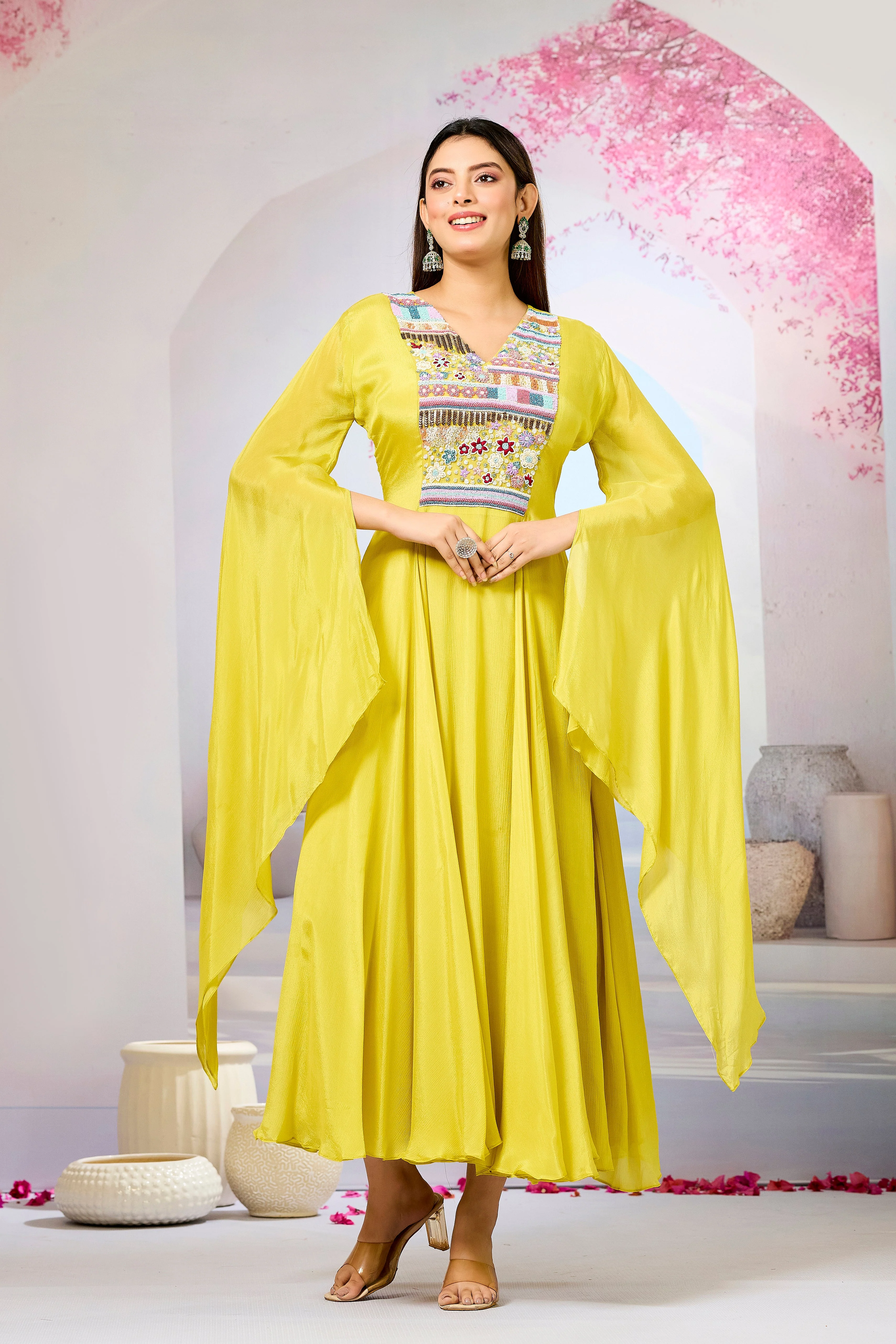 Yellow Handwork Chinon Silk Dress - Image 5