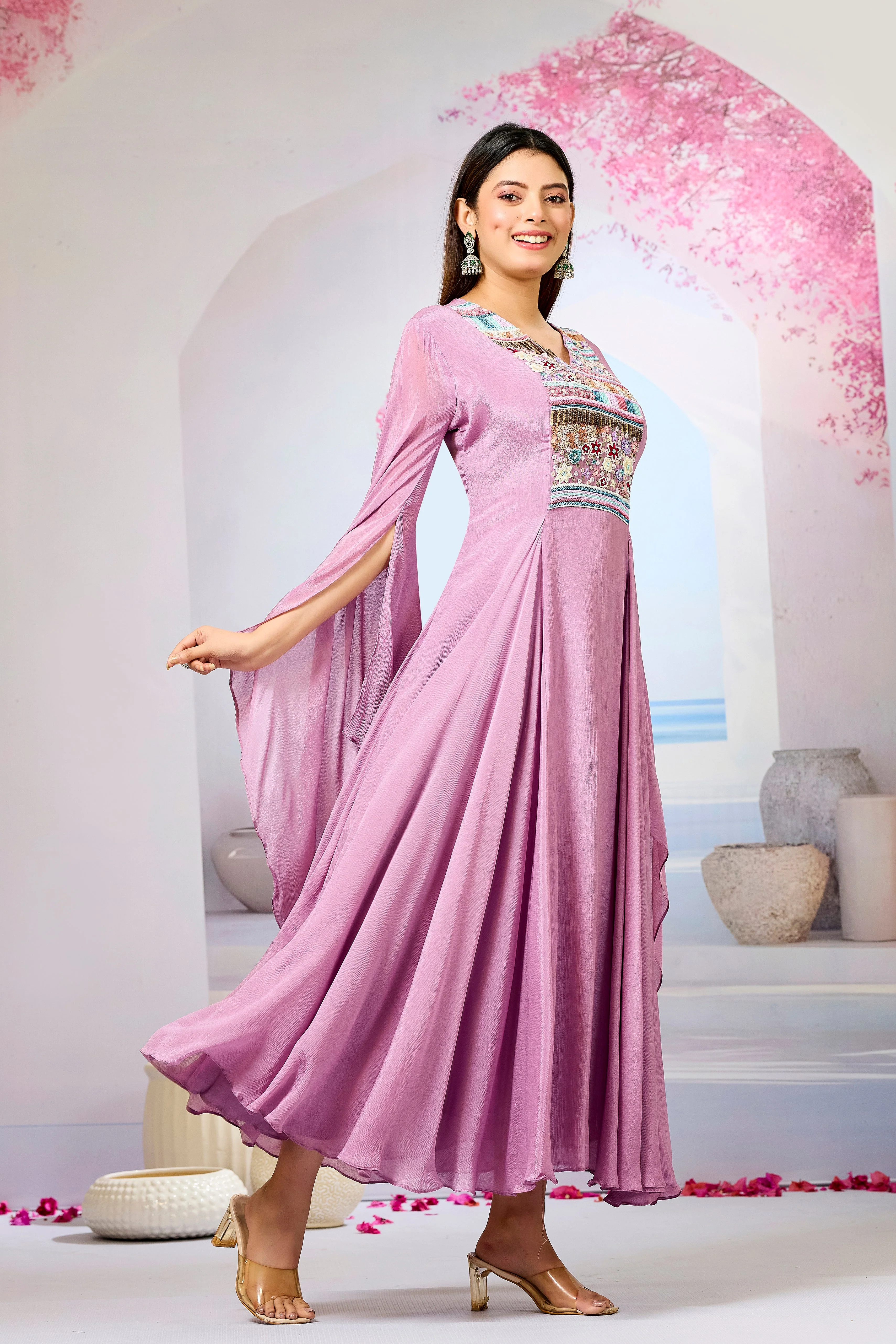Pink Handwork Chinon Silk Dress - Image 3