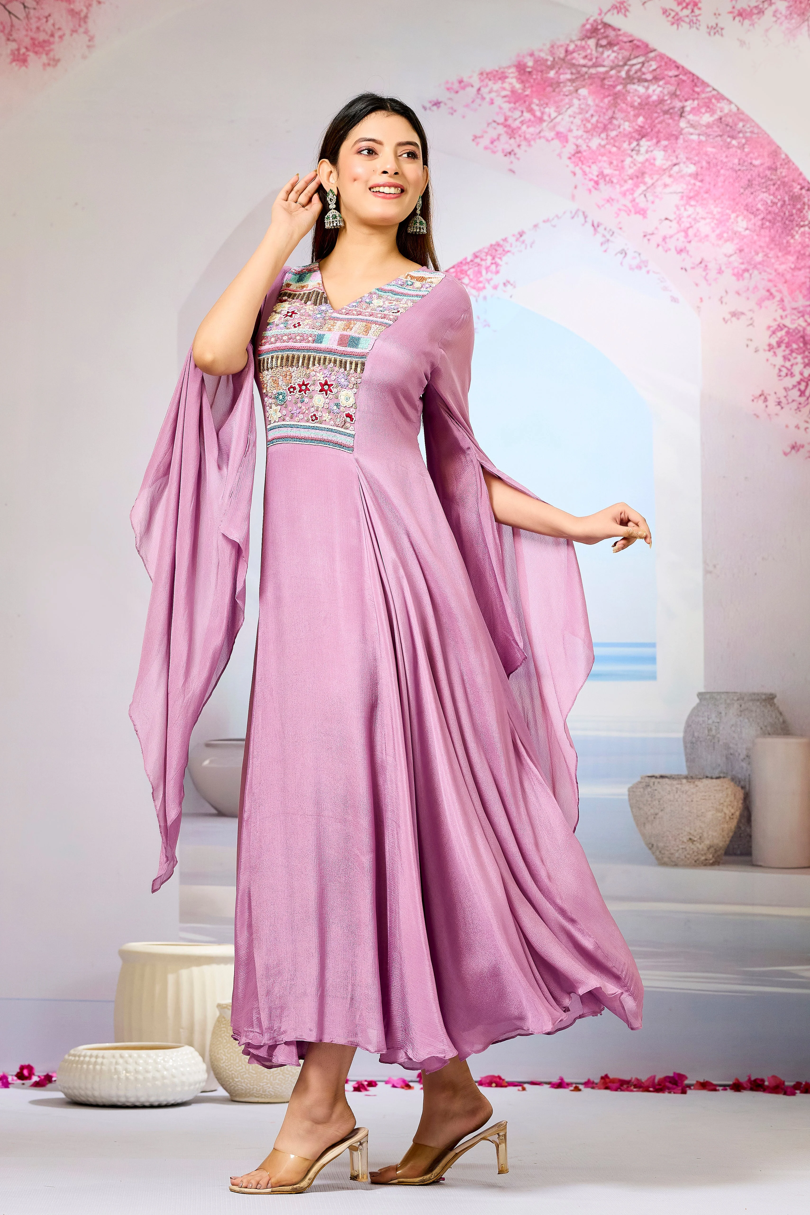Pink Handwork Chinon Silk Dress - Image 4