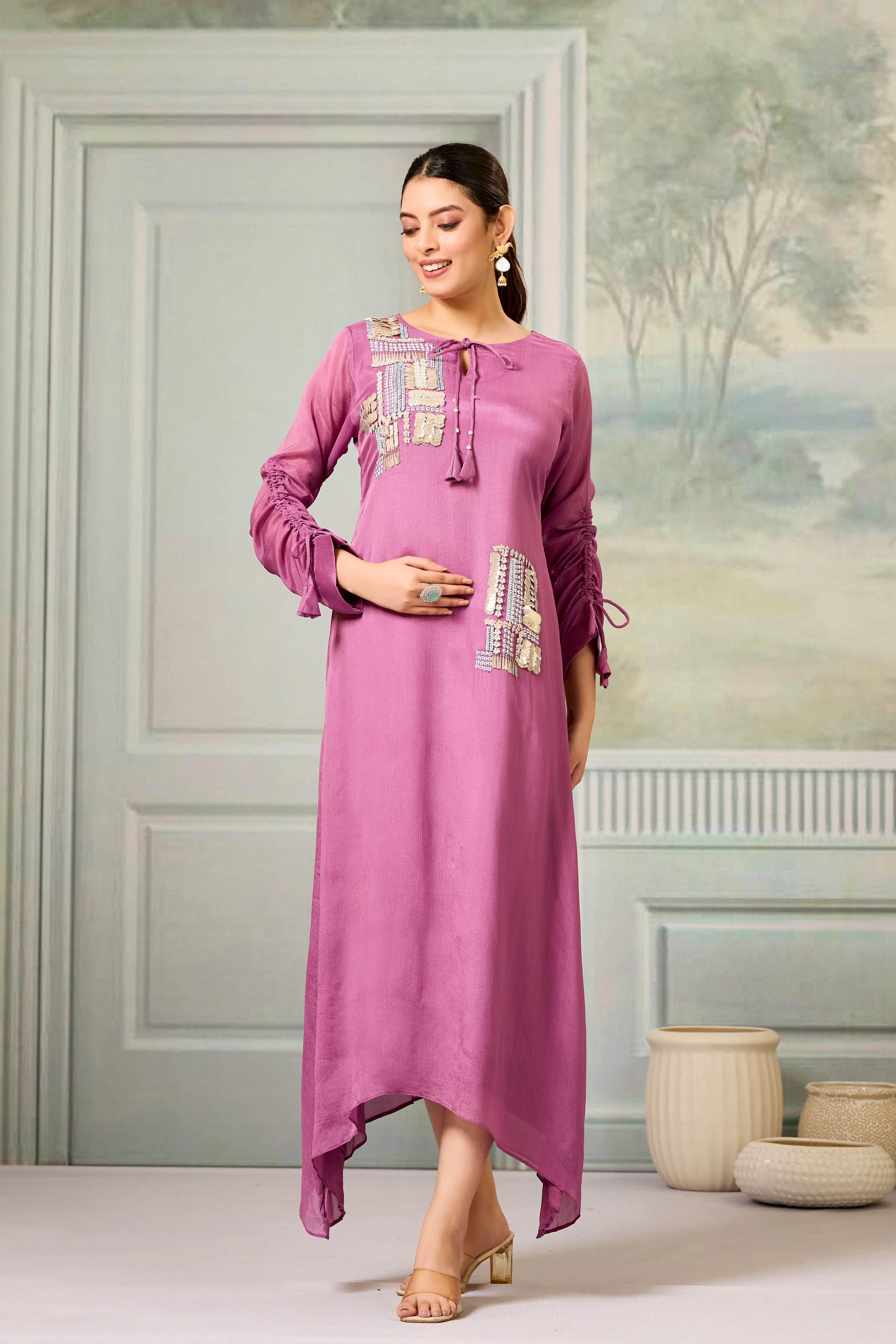 Pink Handwork Chinon Silk Dress - Image 3