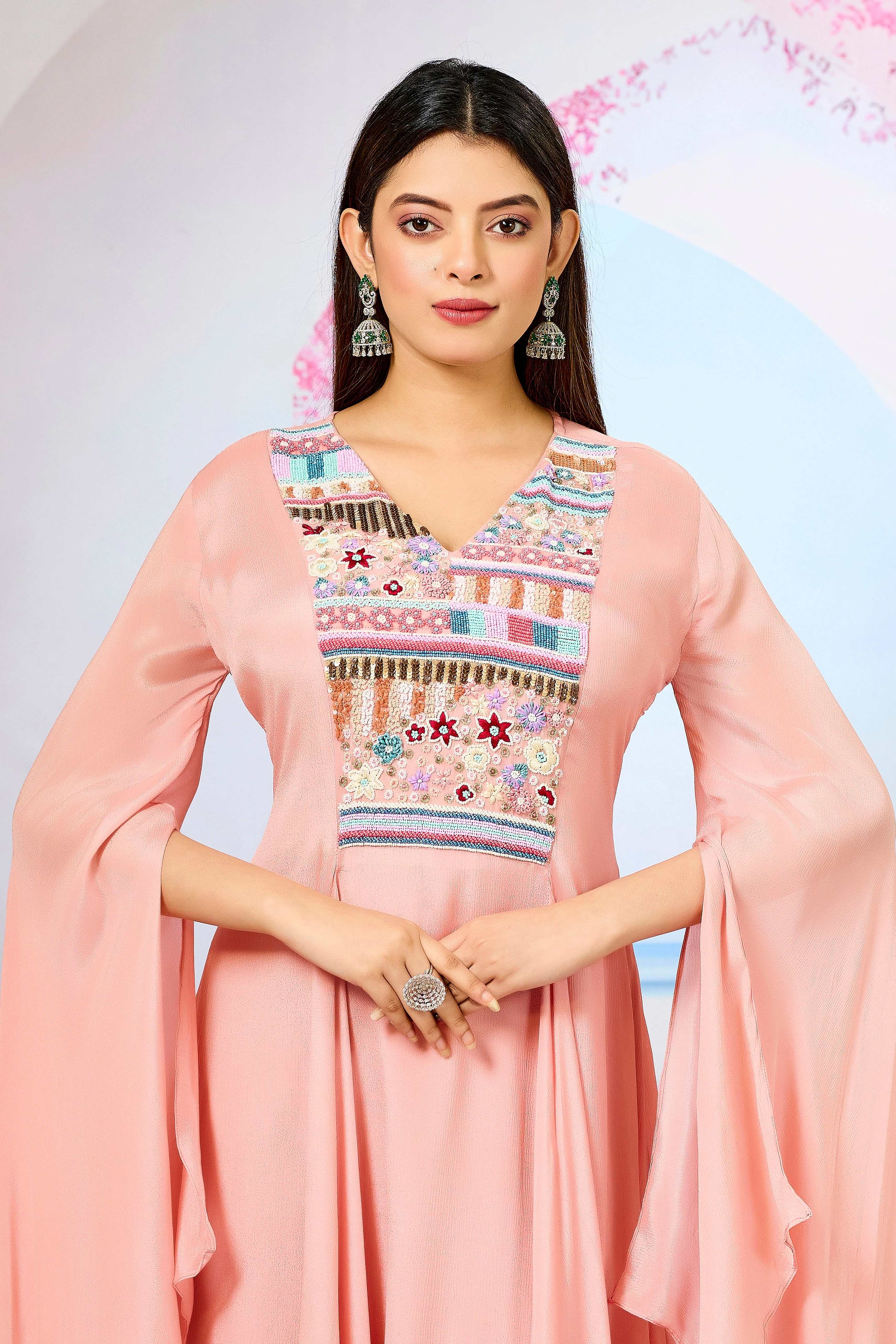 Peach Handwork Chinon Silk Dress - Image 2