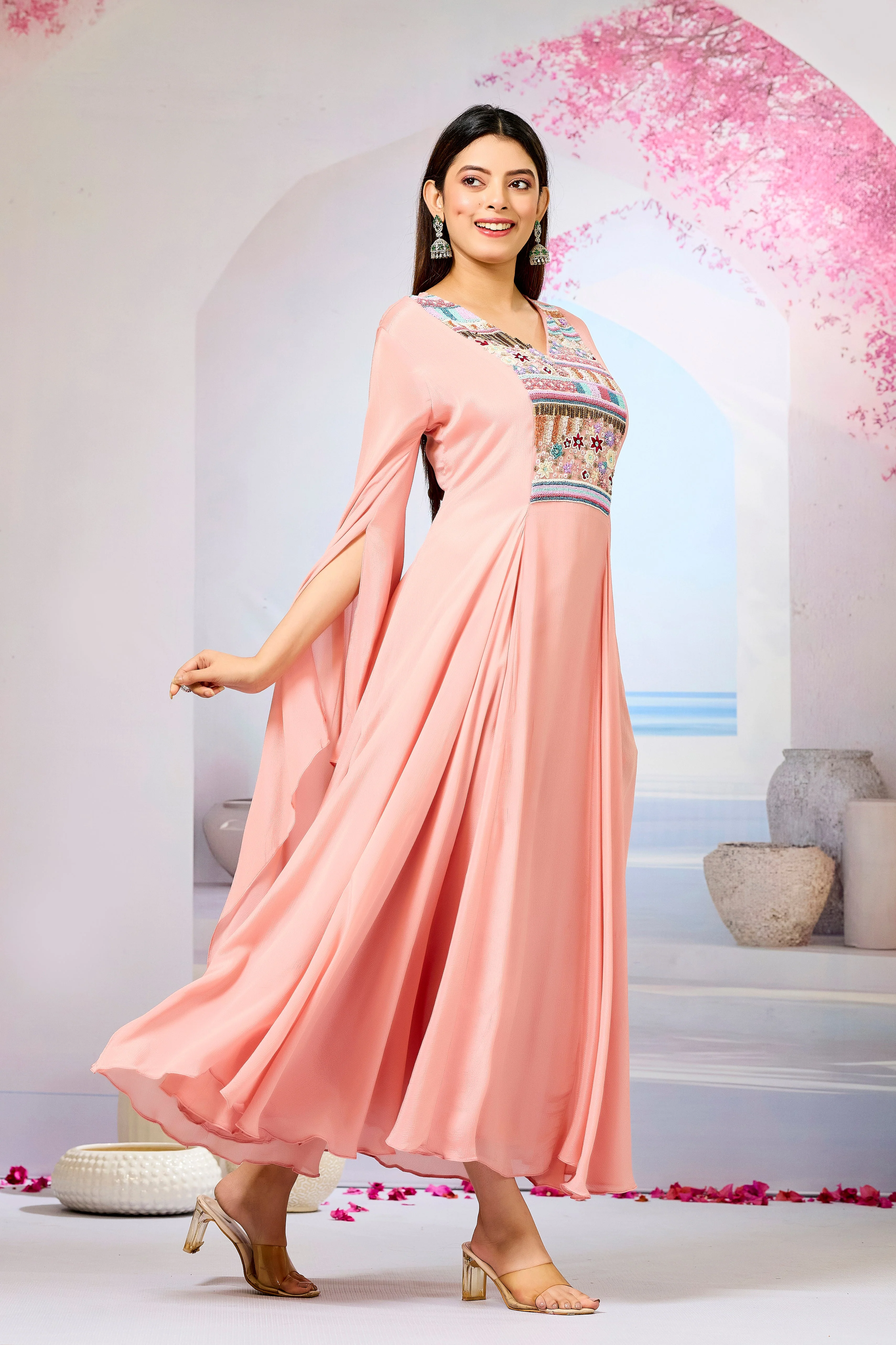 Peach Handwork Chinon Silk Dress - Image 3