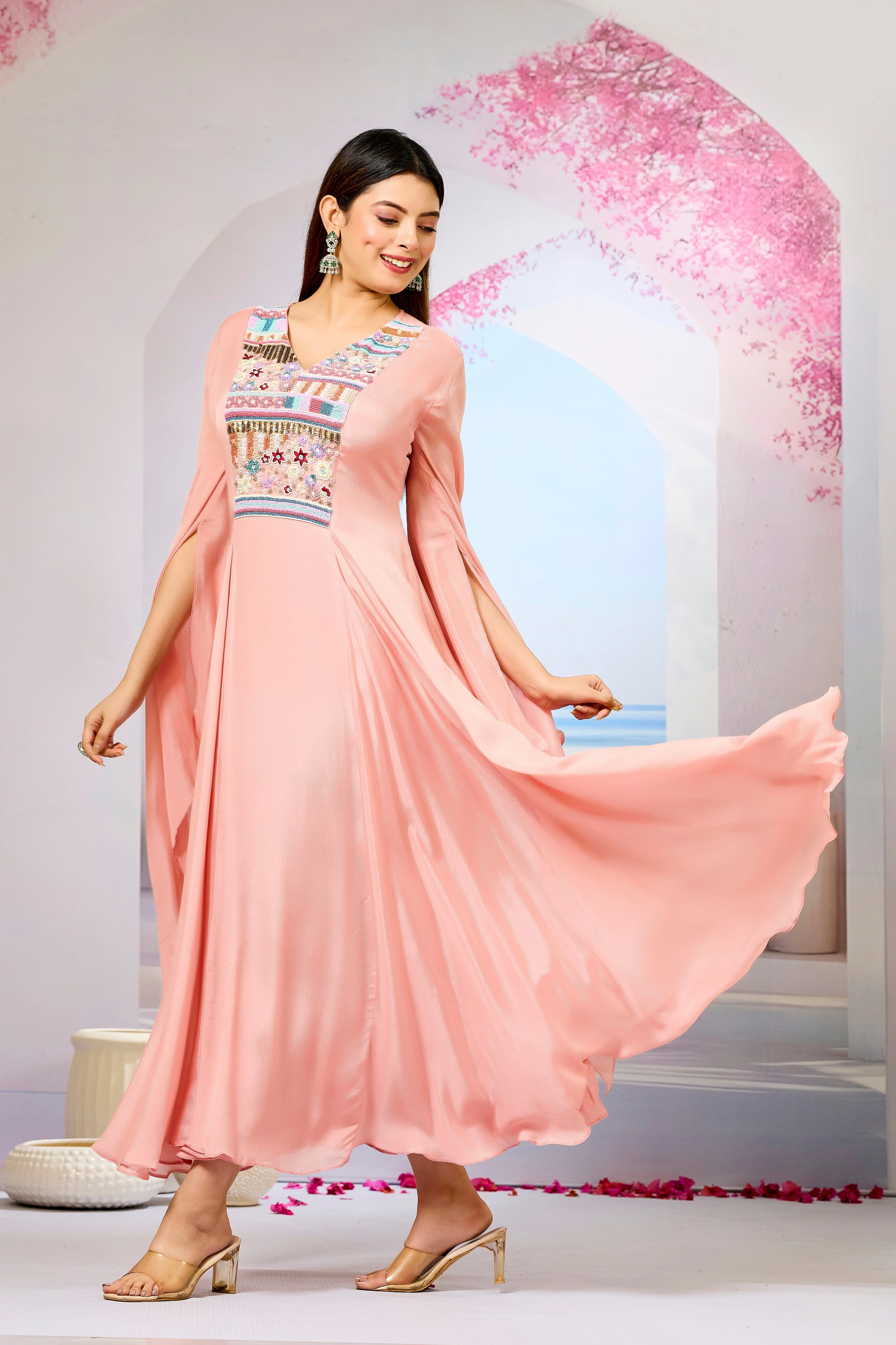 Peach Handwork Chinon Silk Dress - Image 4