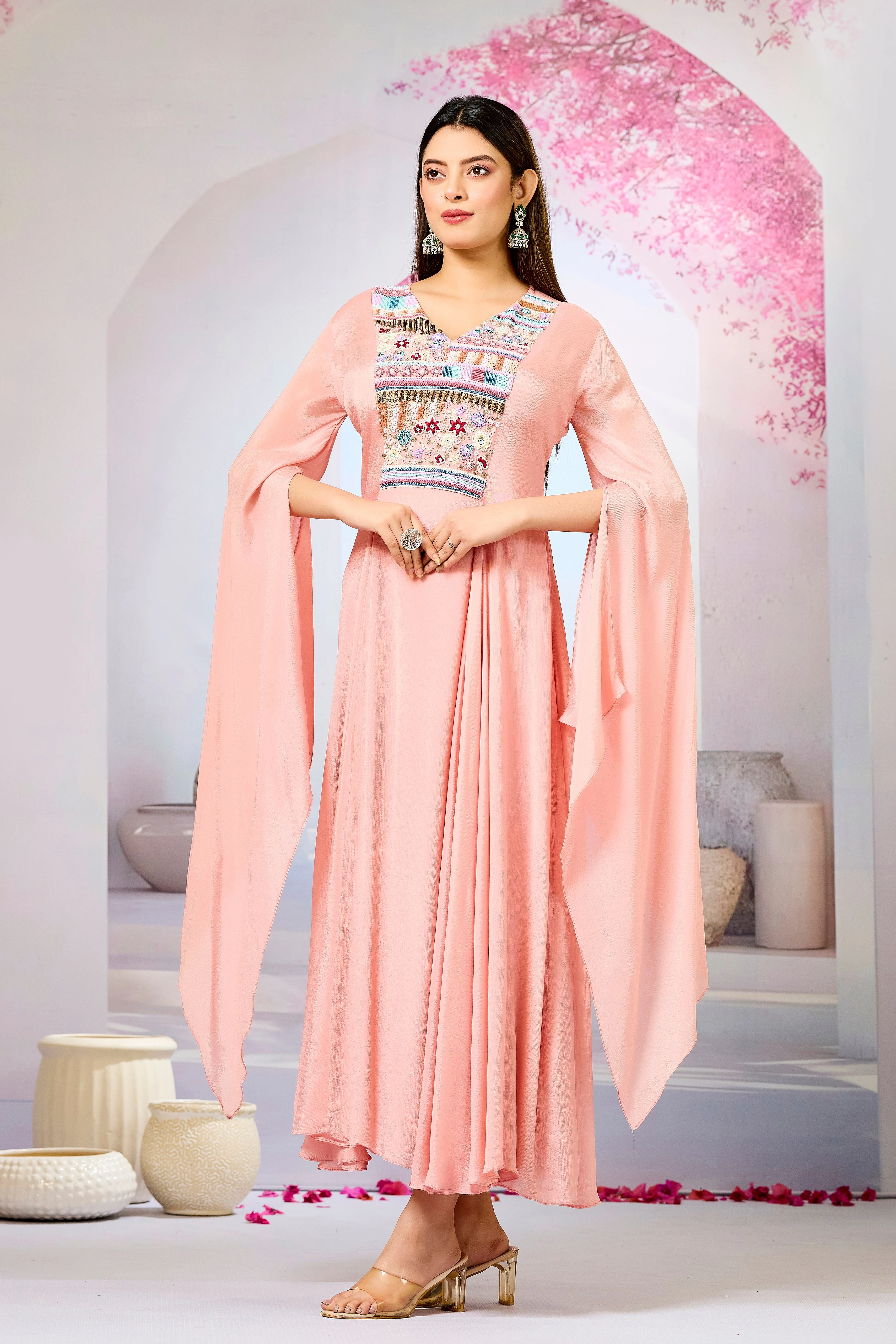 Peach Handwork Chinon Silk Dress - Image 5