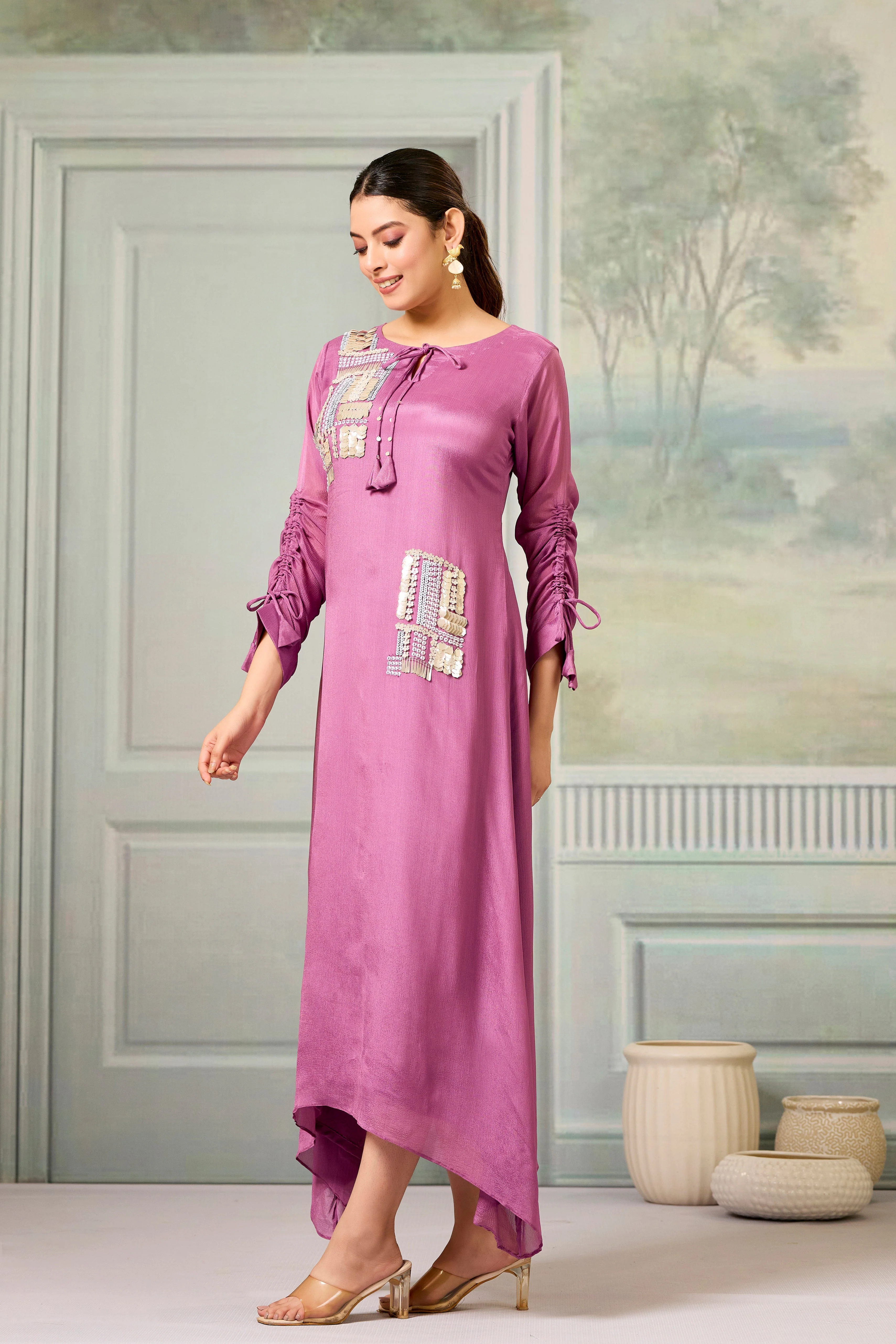 Pink Handwork Chinon Silk Dress - Image 4