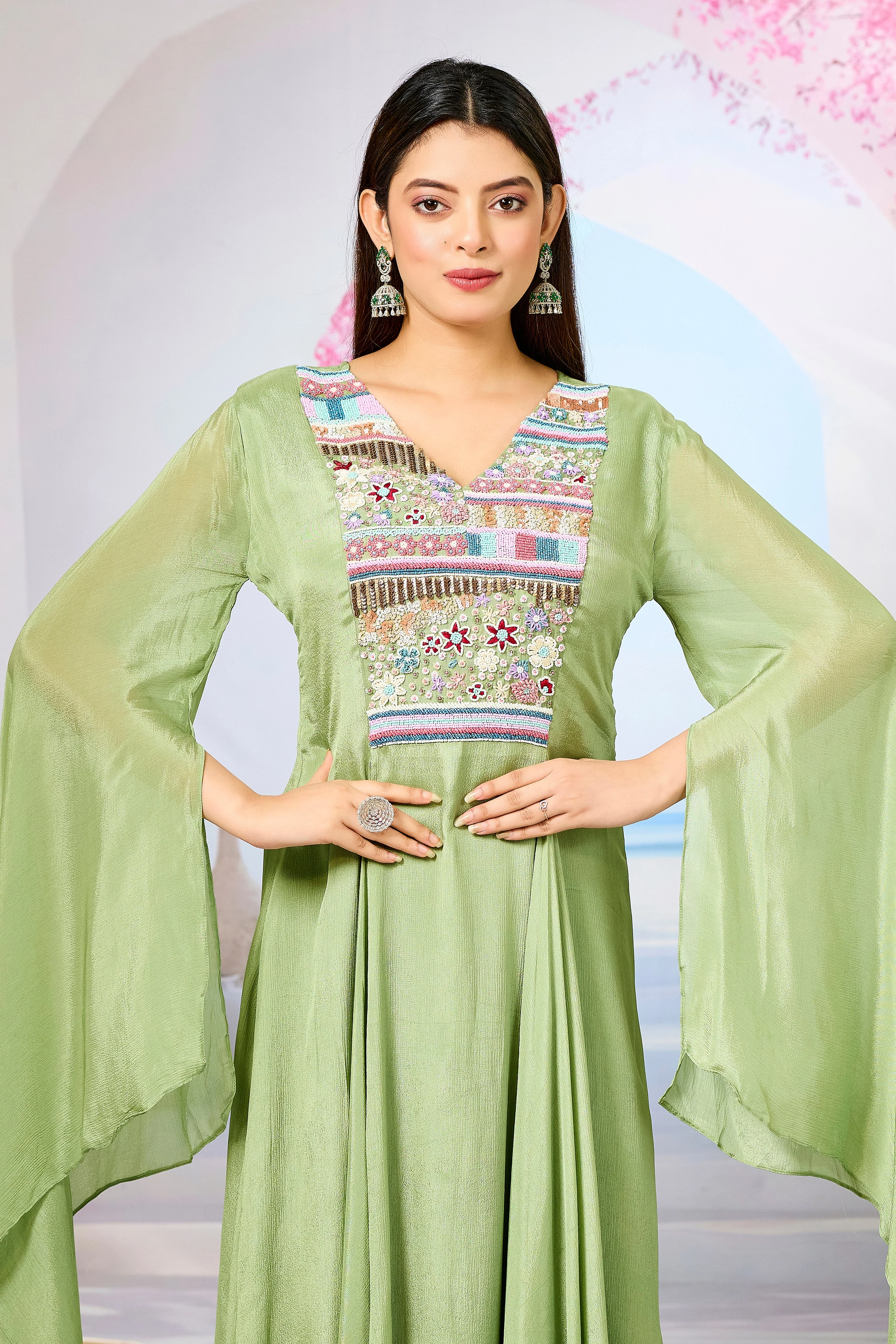 Green Handwork Chinon Silk Dress - Image 2