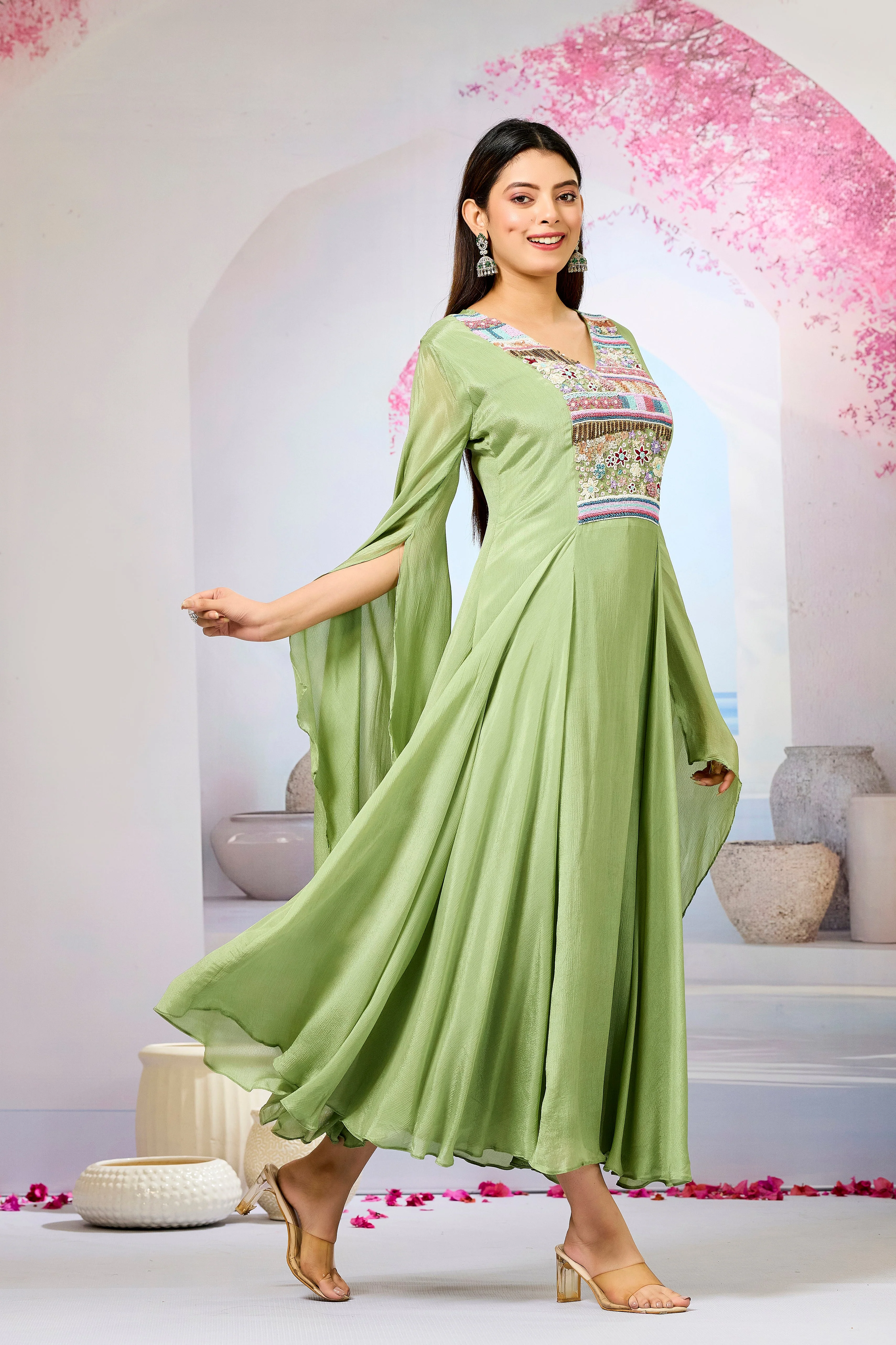 Green Handwork Chinon Silk Dress - Image 3