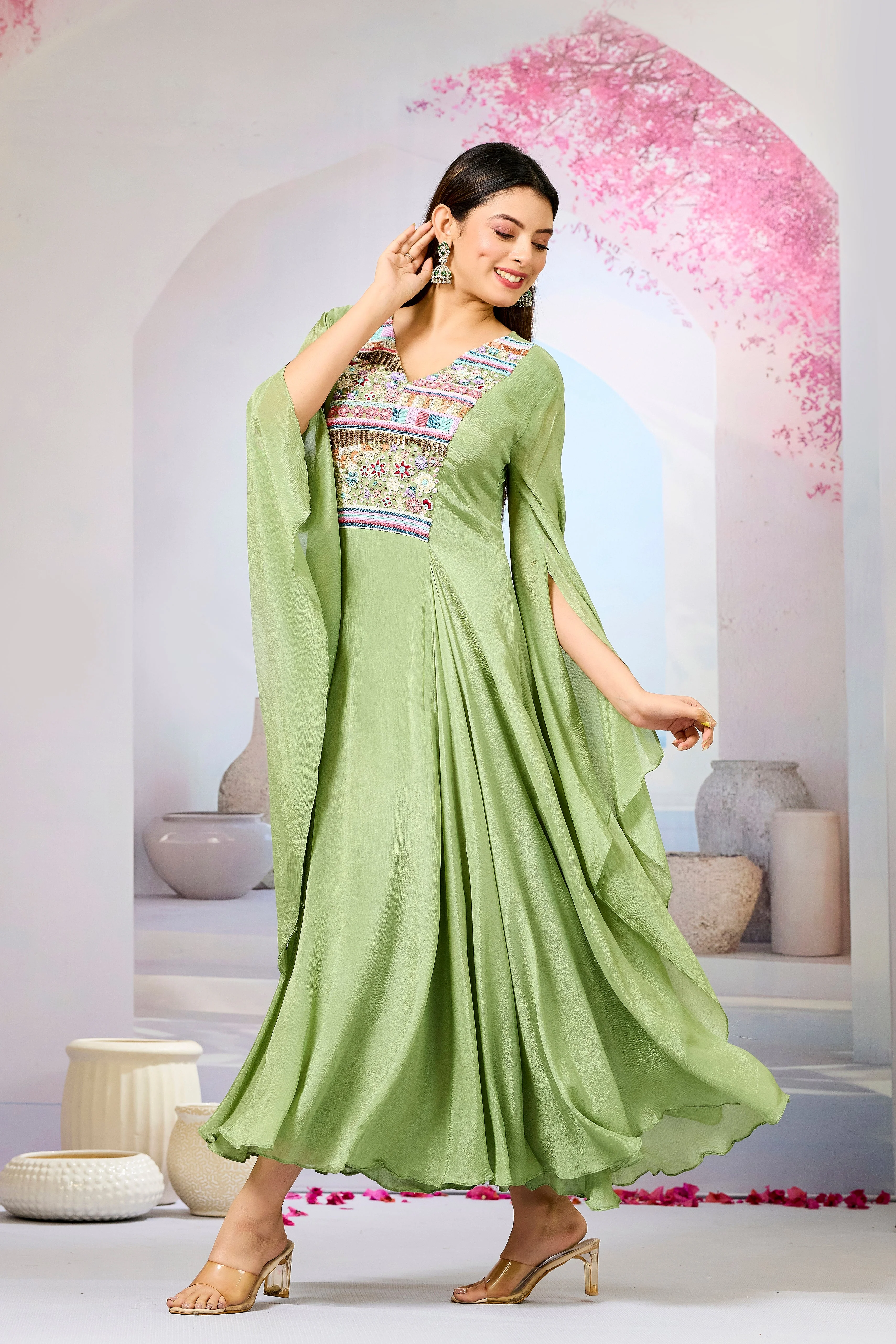 Green Handwork Chinon Silk Dress - Image 4