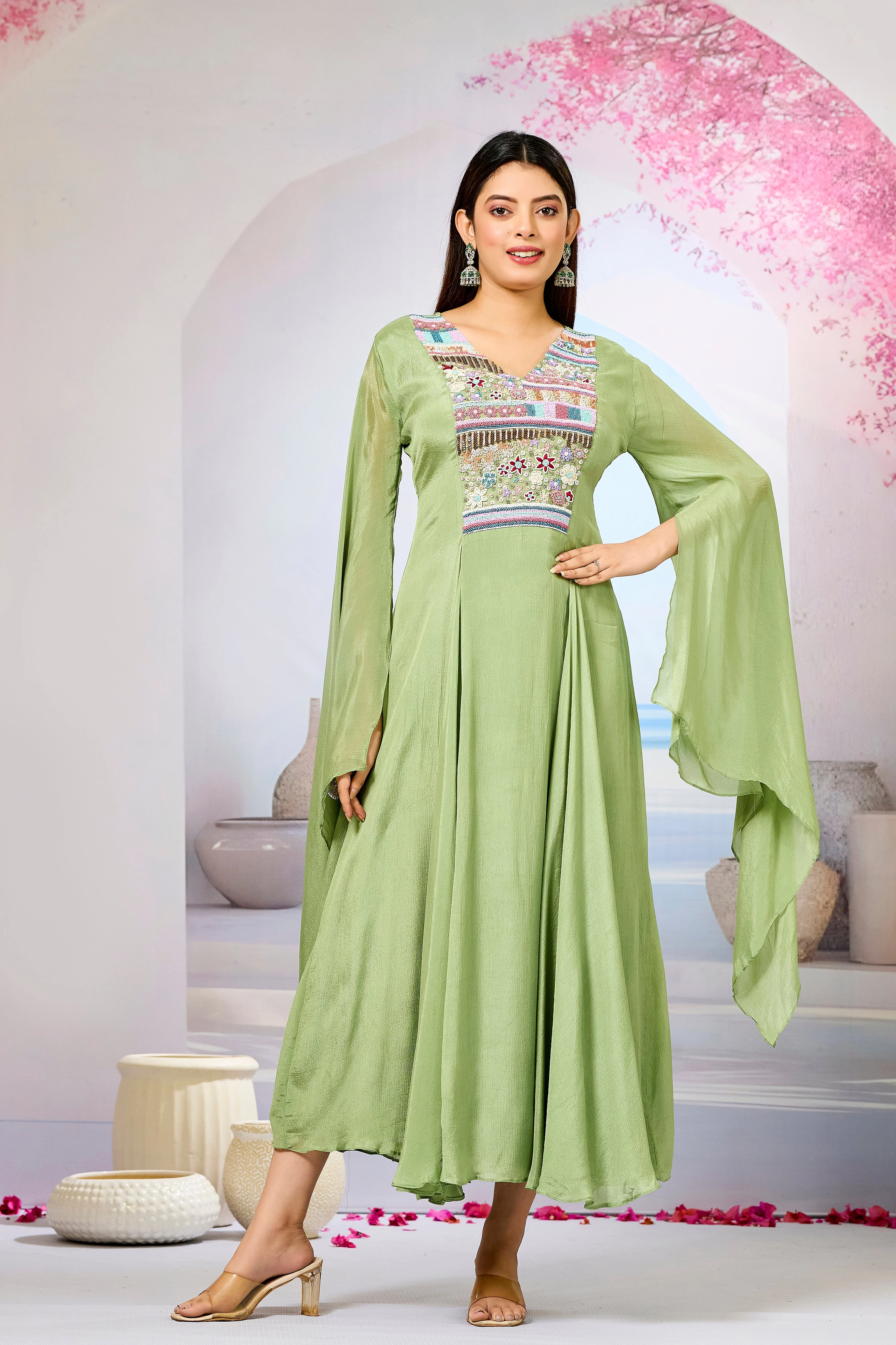 Green Handwork Chinon Silk Dress - Image 5