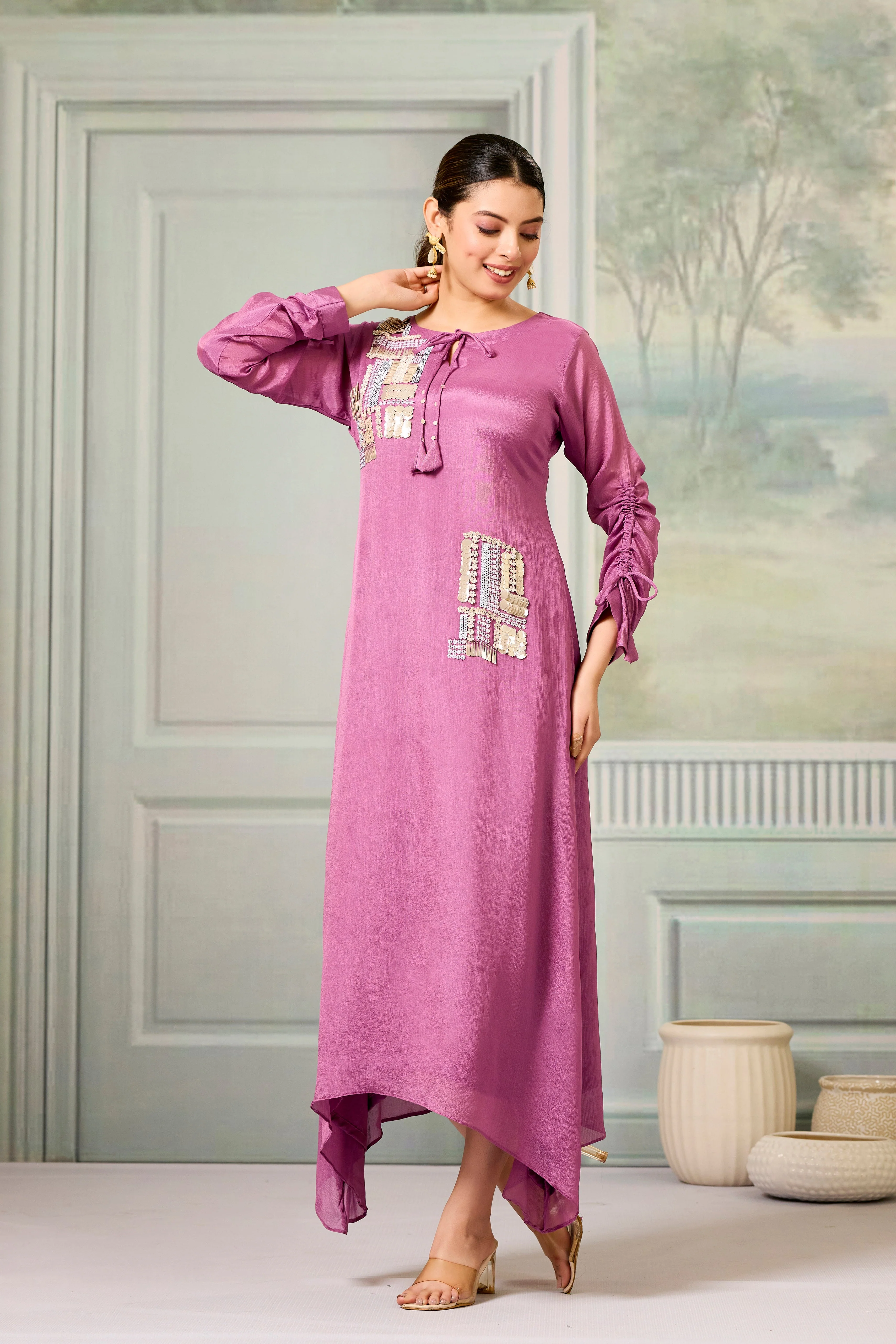 Pink Handwork Chinon Silk Dress - Image 5