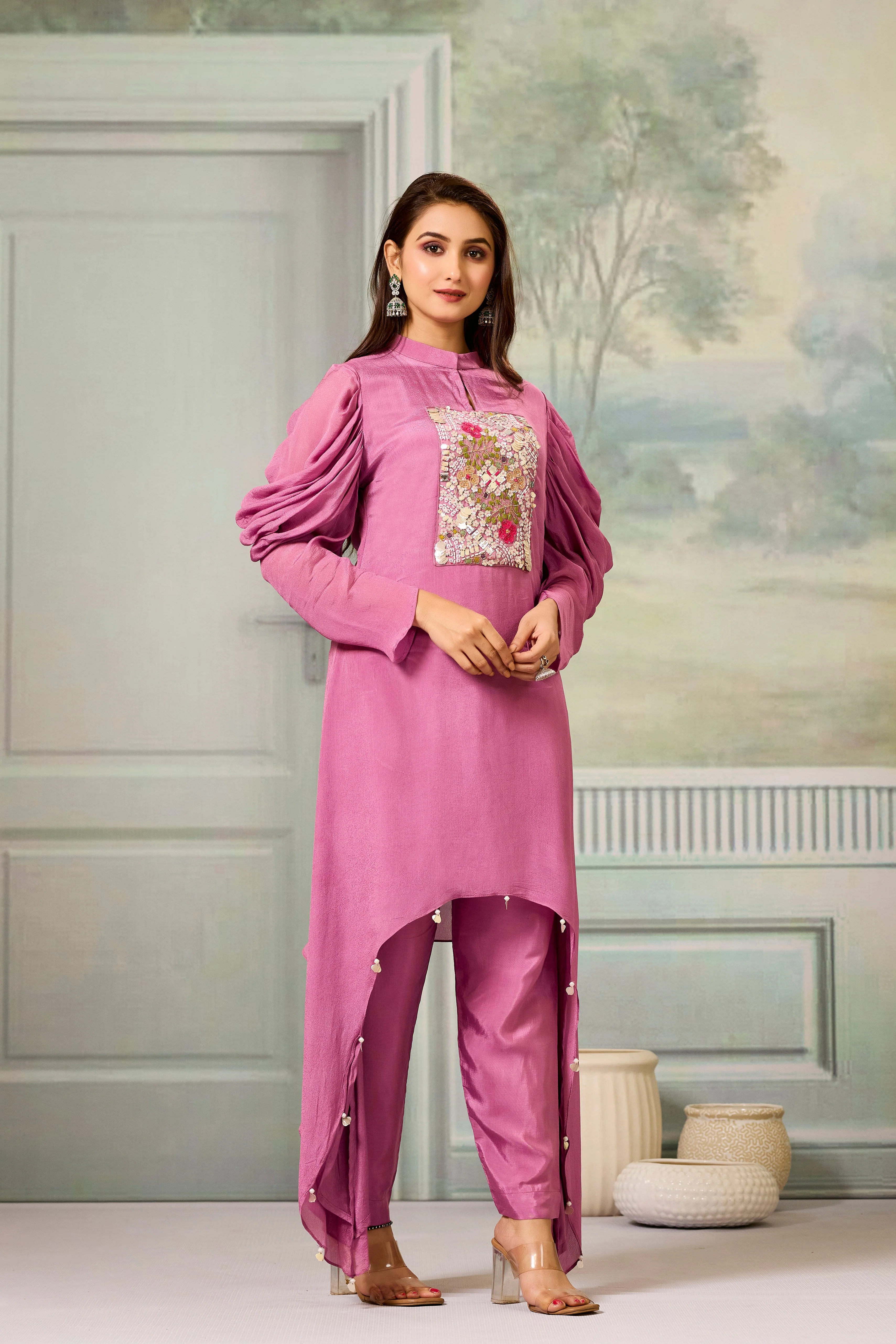 Pink Handwork Chinon Silk Kurta Pants Set - Image 3