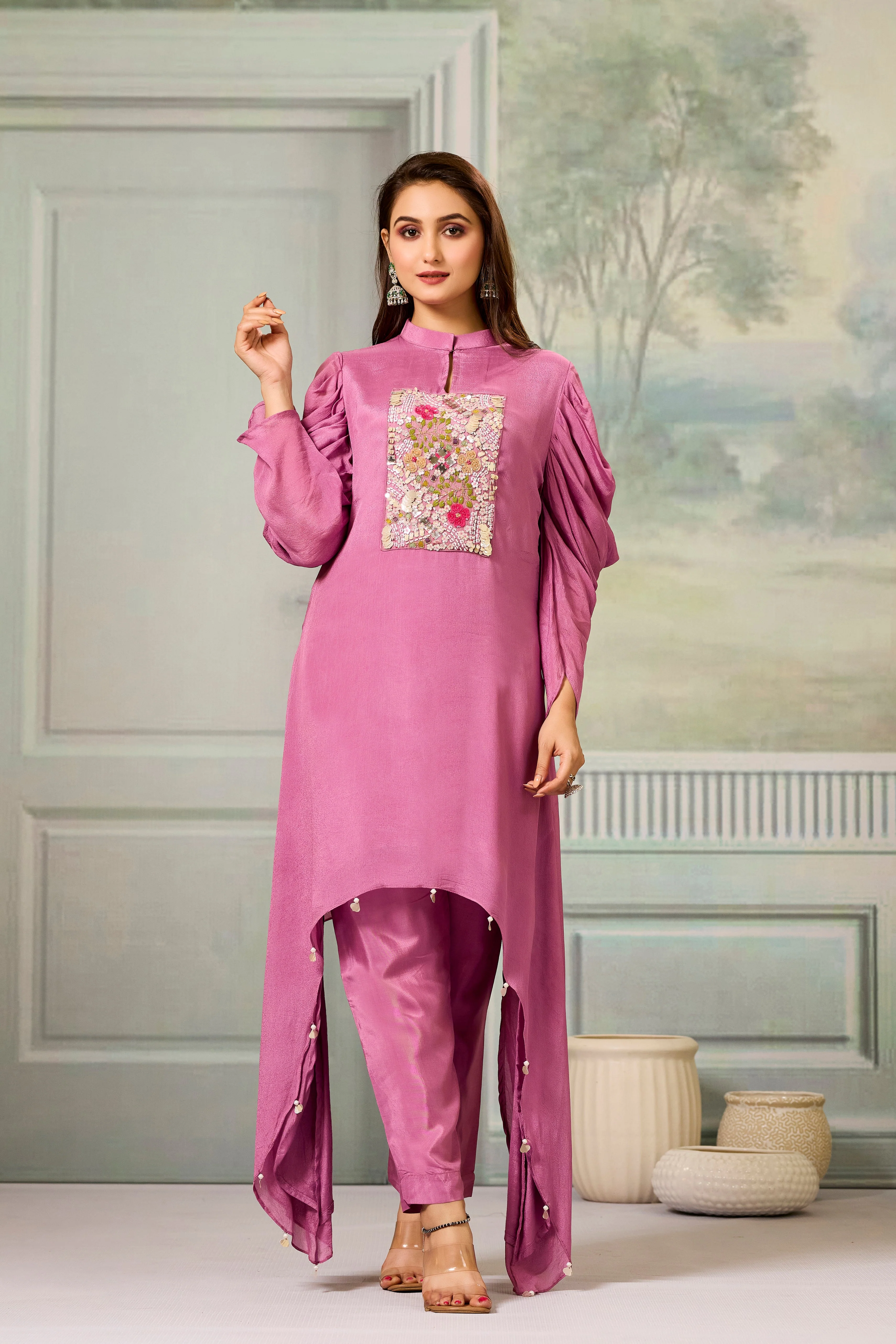 Pink Handwork Chinon Silk Kurta Pants Set - Image 4
