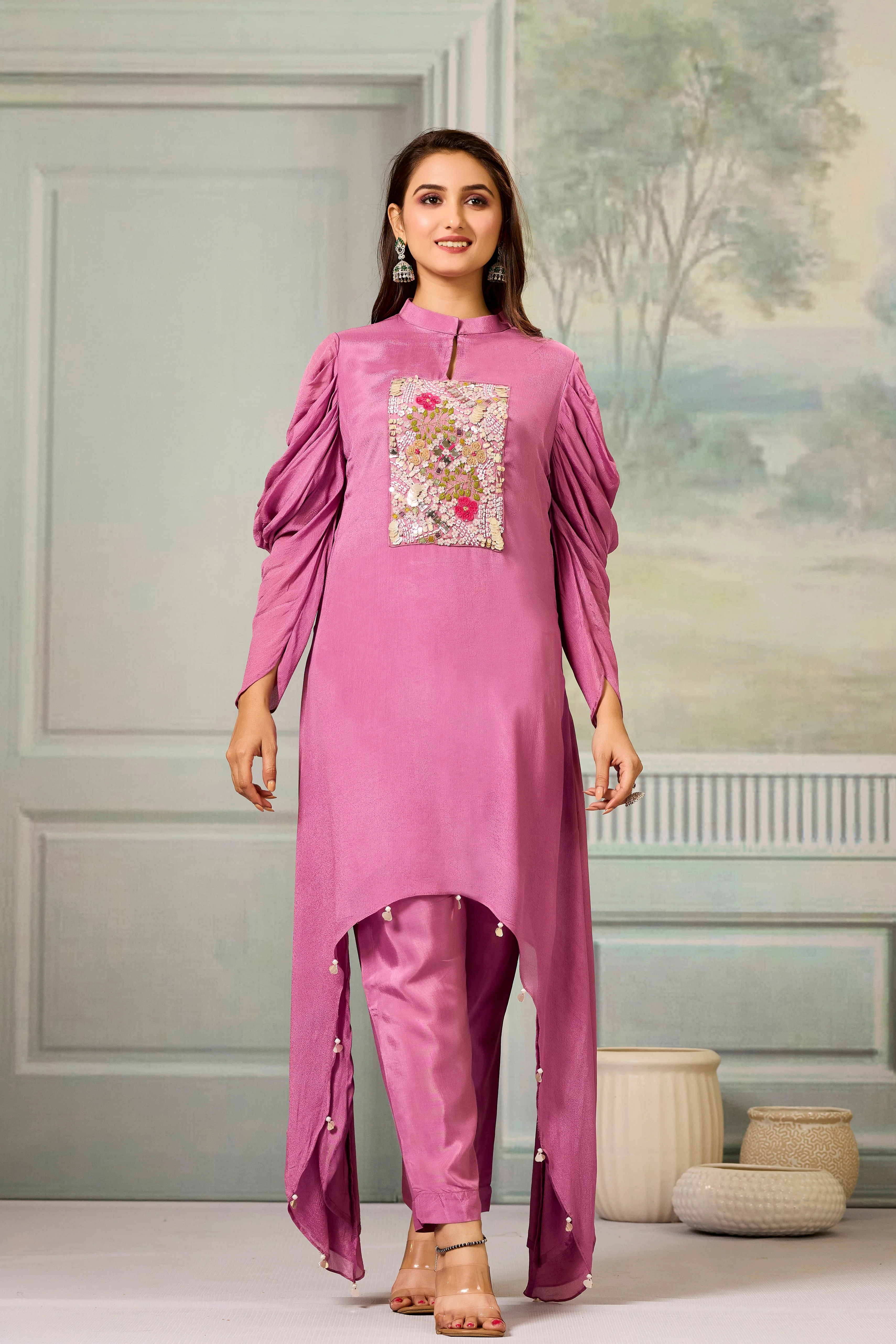 Pink Handwork Chinon Silk Kurta Pants Set - Image 5