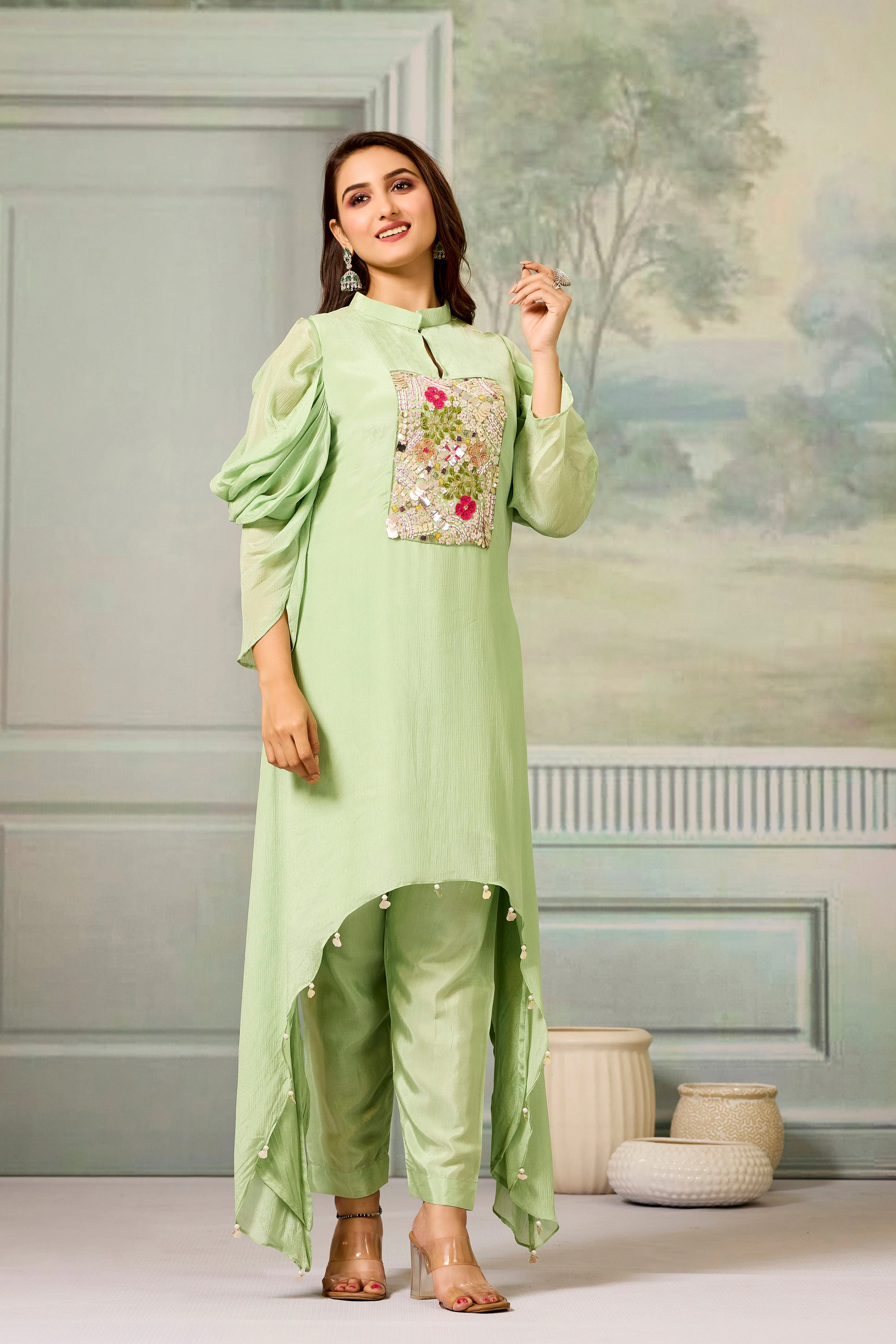 Green Handwork Chinon Silk Kurta Pants Set - Image 3