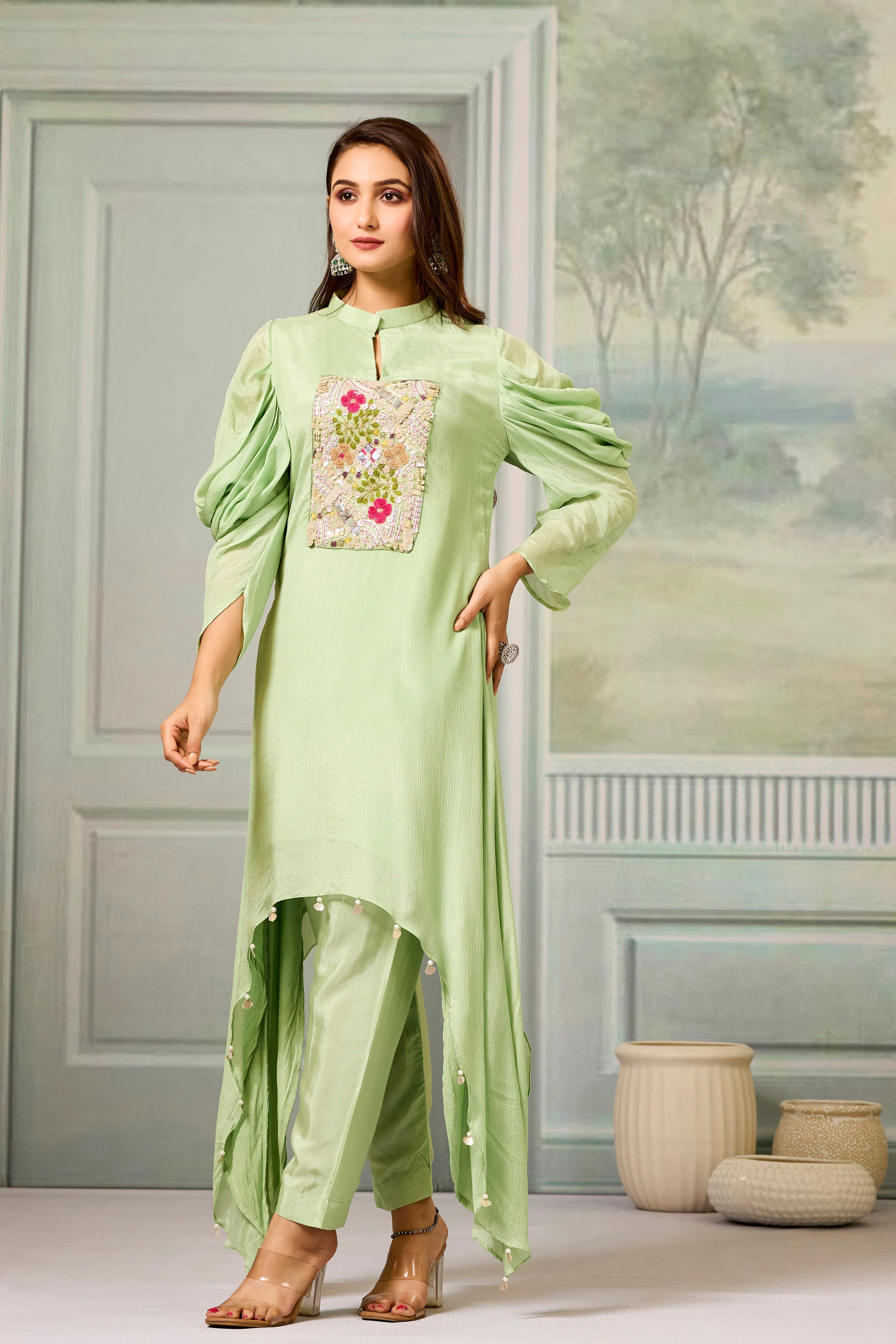 Green Handwork Chinon Silk Kurta Pants Set - Image 4