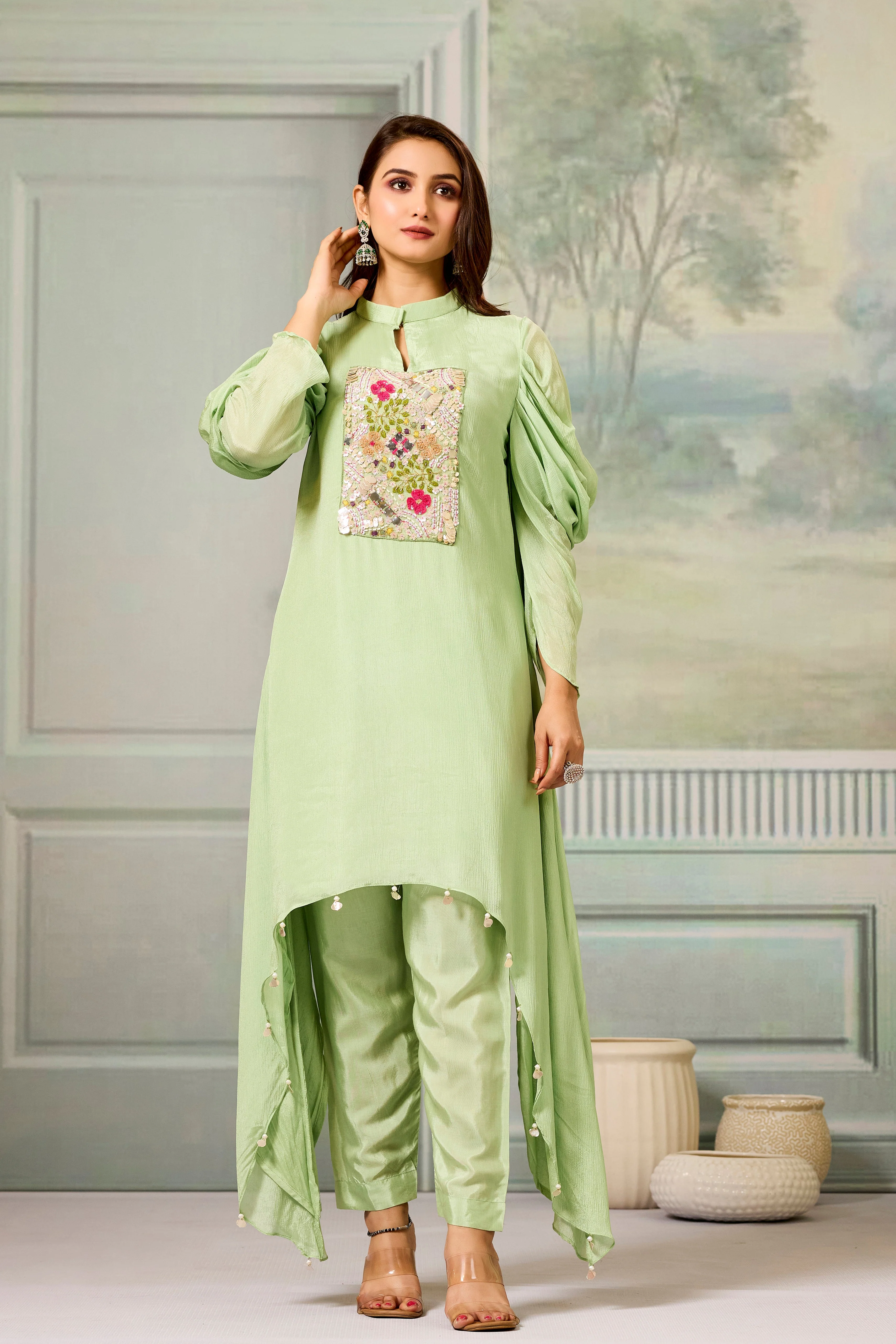 Green Handwork Chinon Silk Kurta Pants Set - Image 5