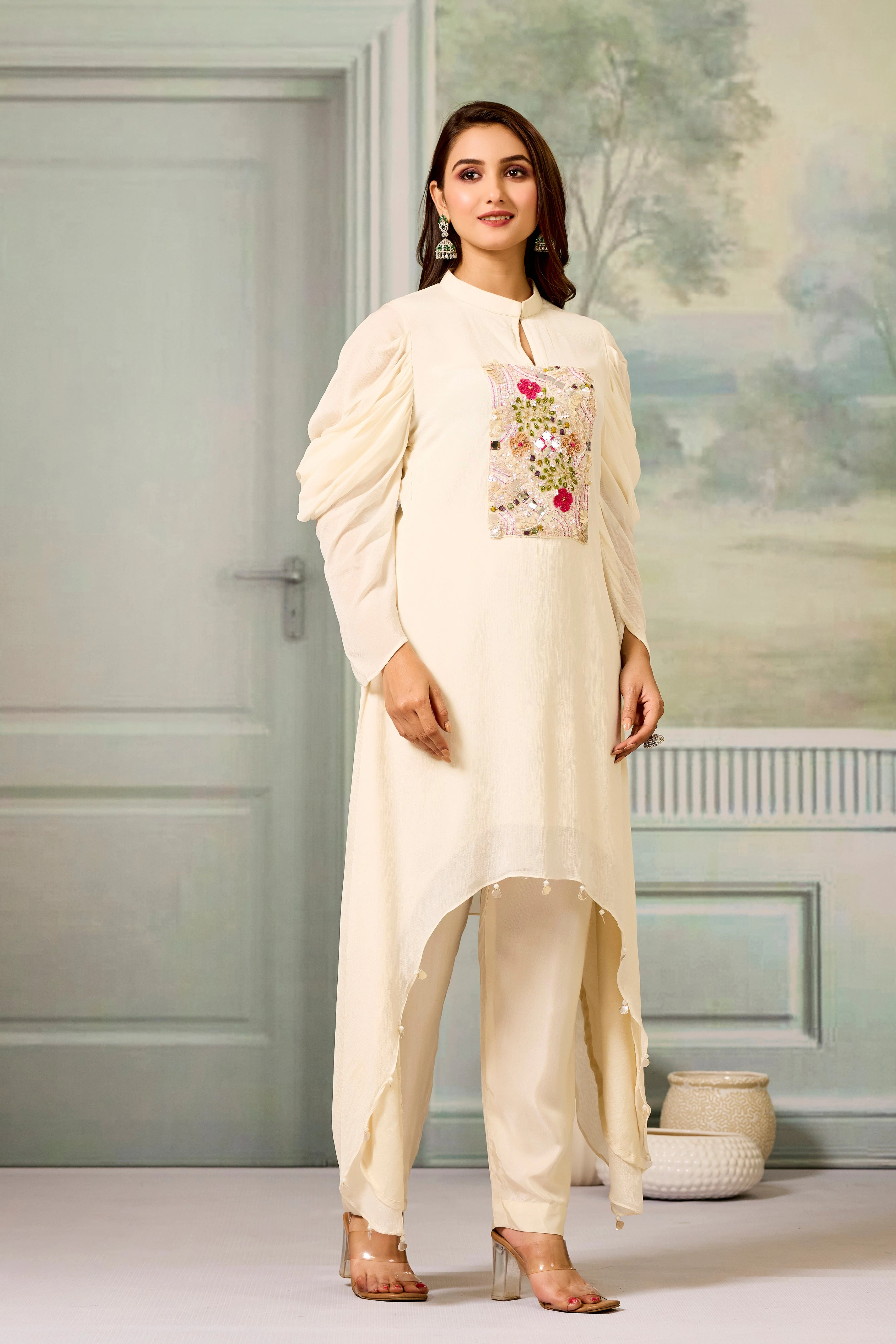White Handwork Chinon Silk Kurta Pants Set - Image 3