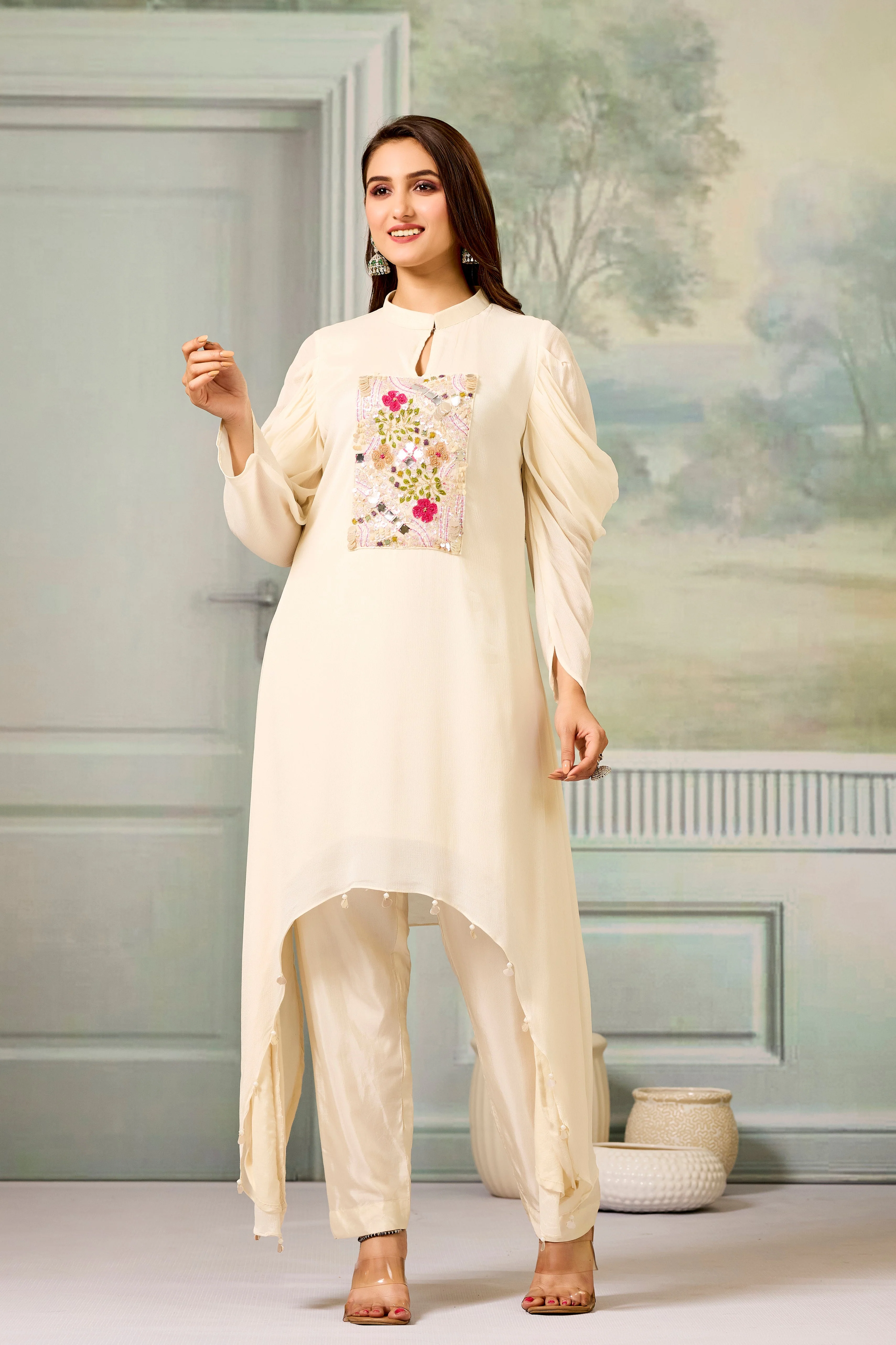 White Handwork Chinon Silk Kurta Pants Set - Image 4