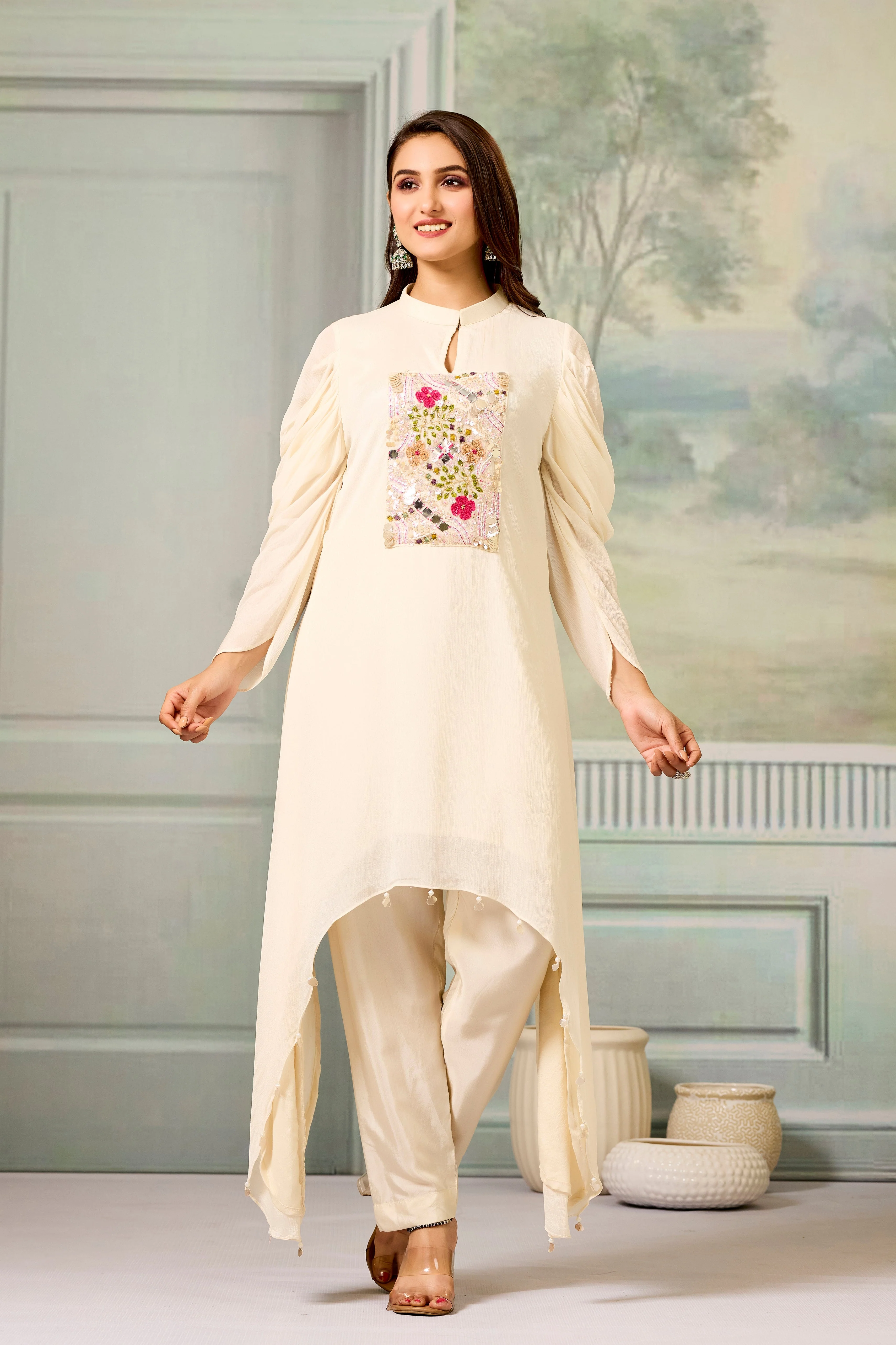 White Handwork Chinon Silk Kurta Pants Set - Image 5