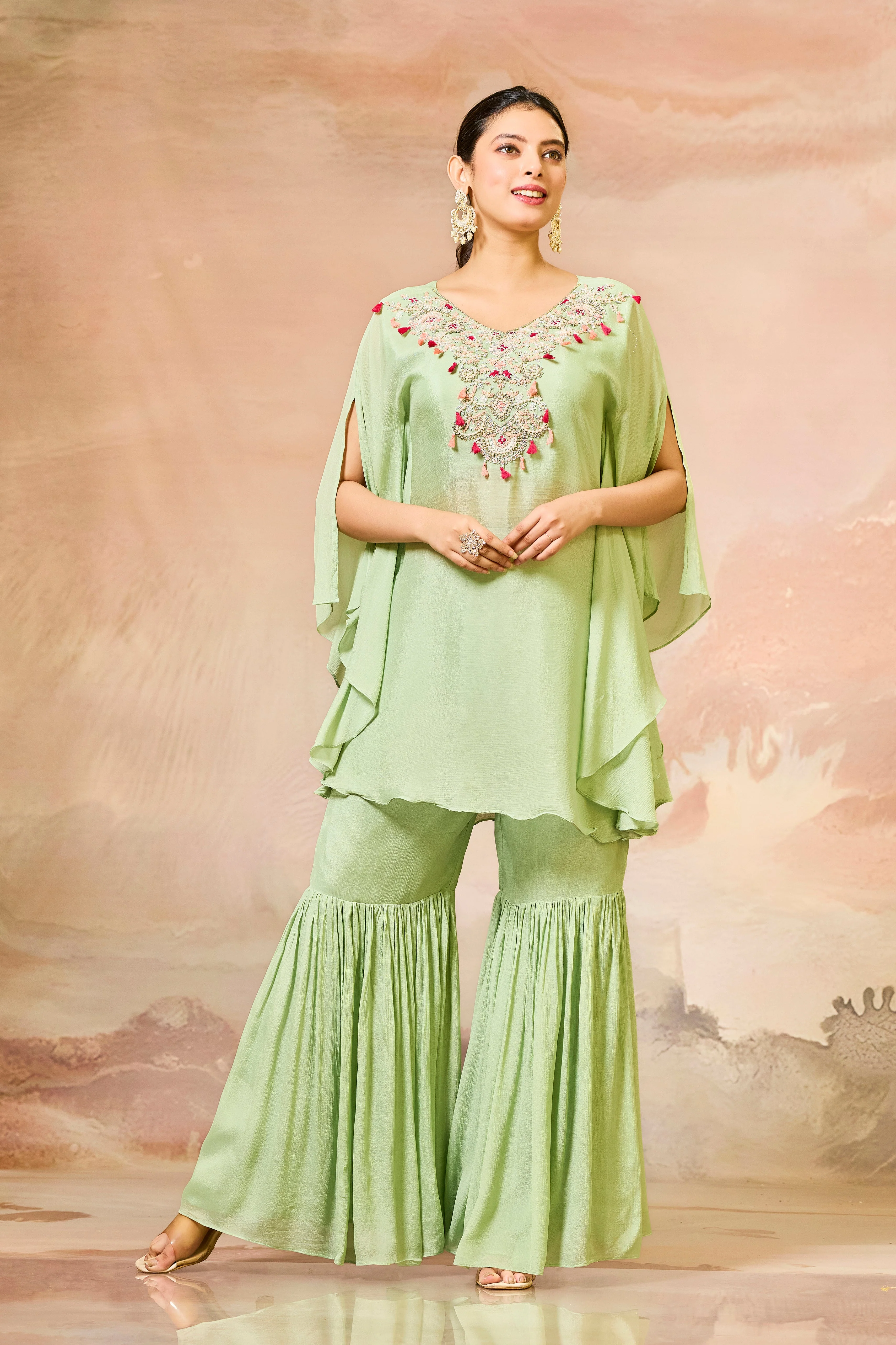 Green Handwork Chinon Silk Sharara Set - Image 3