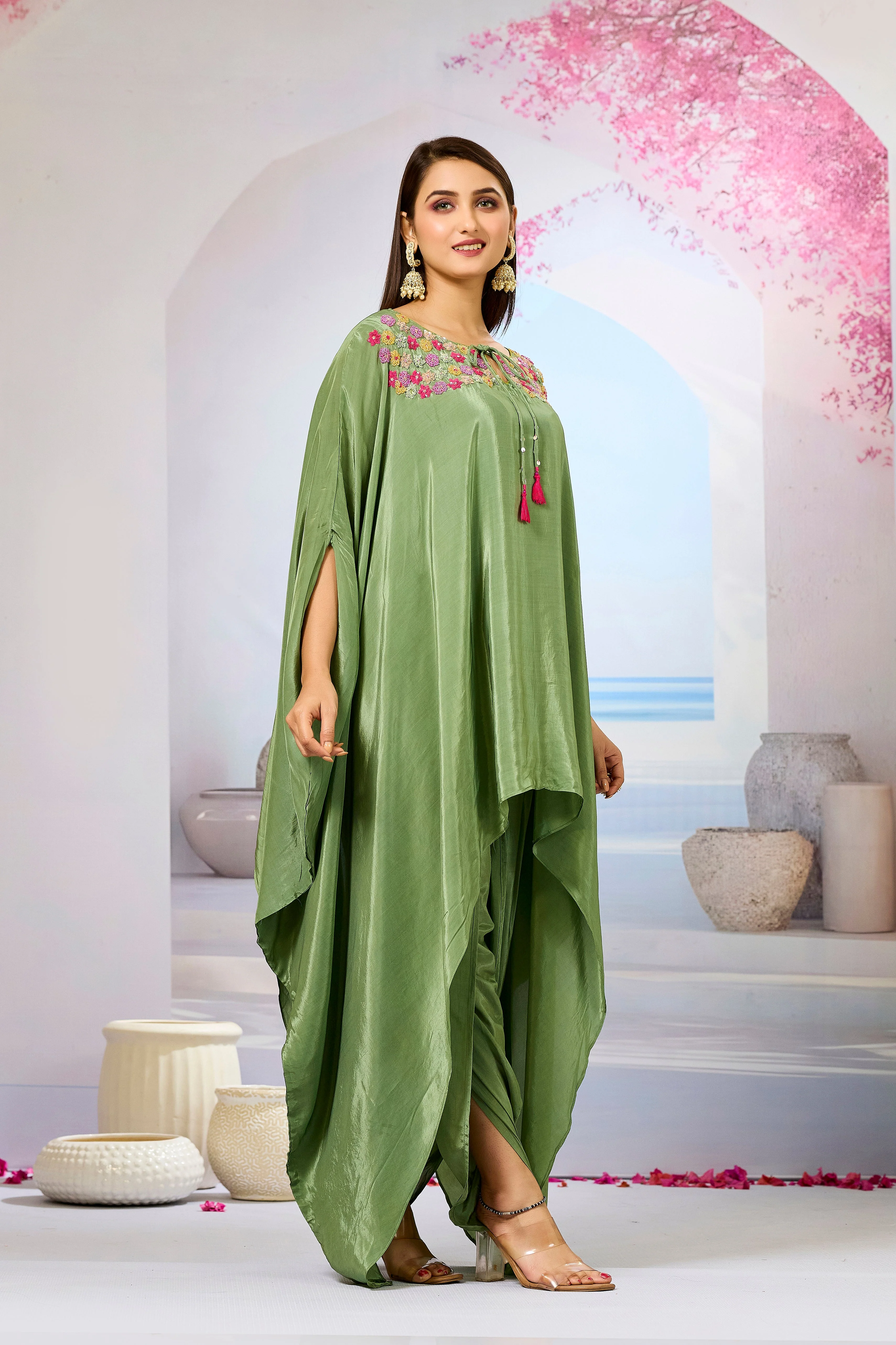 Green Handwork Crepe Silk Kaftan Dhoti Set - Image 3