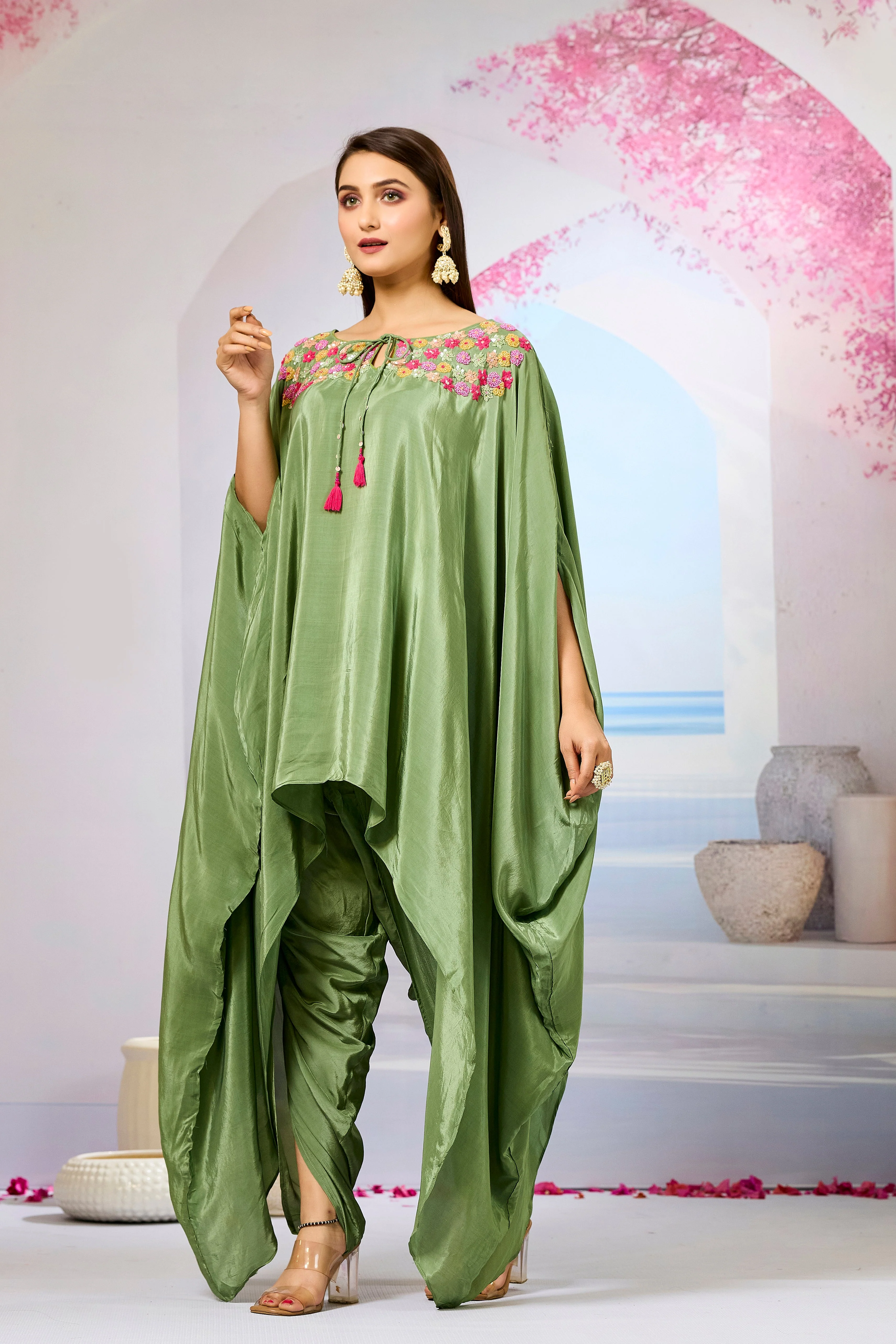 Green Handwork Crepe Silk Kaftan Dhoti Set - Image 4