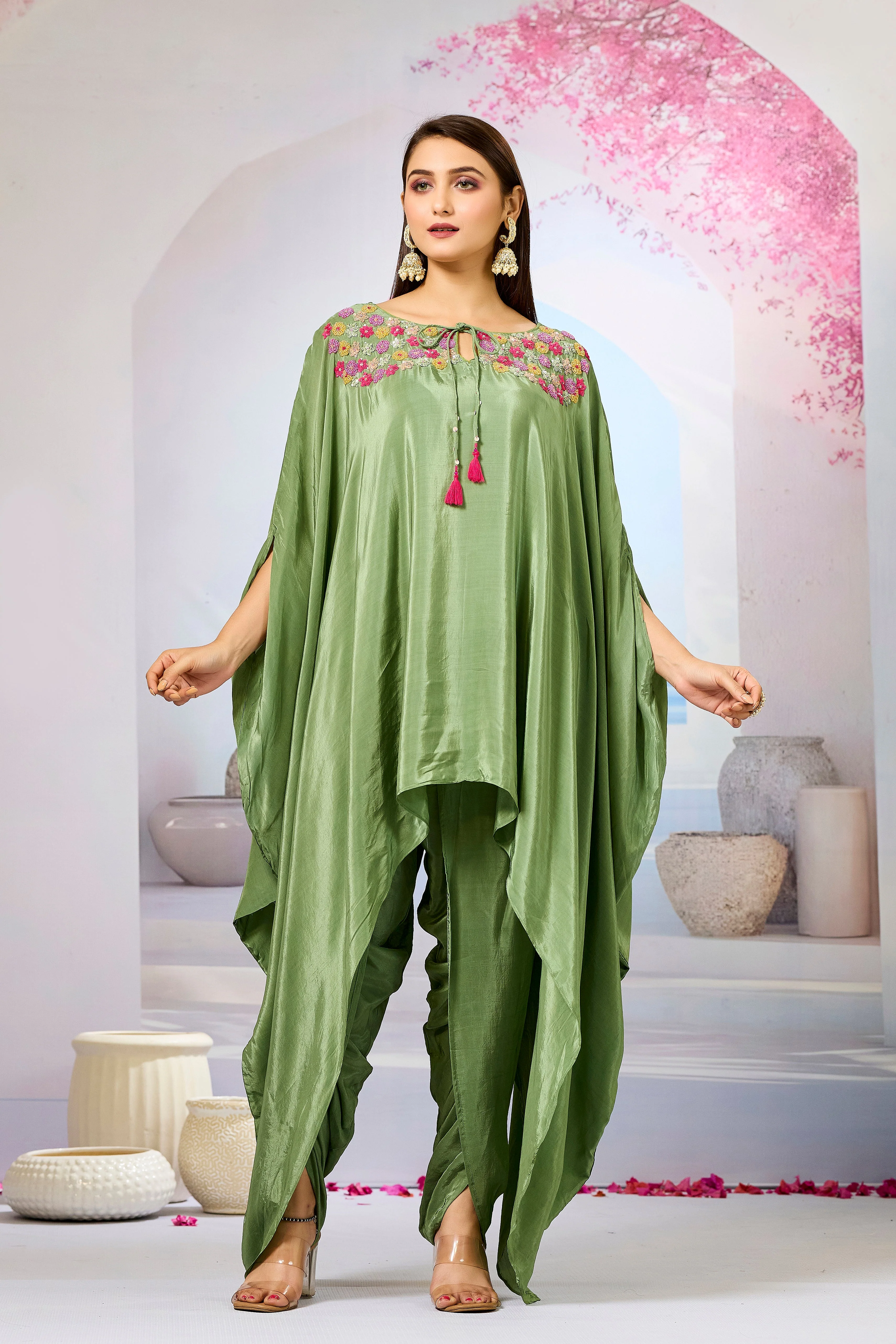 Green Handwork Crepe Silk Kaftan Dhoti Set - Image 5