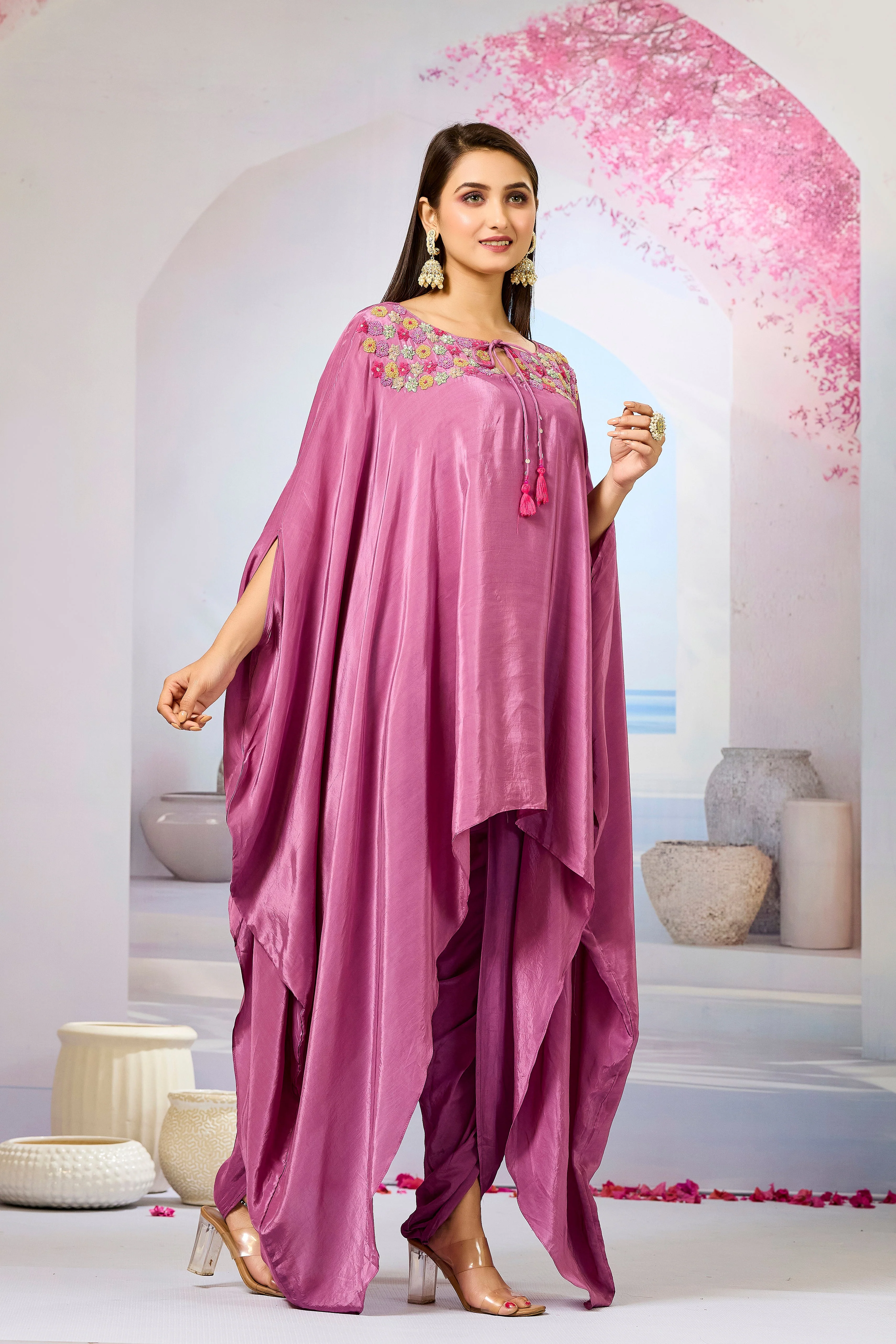 Pink Handwork Crepe Silk Kaftan Dhoti Set - Image 3