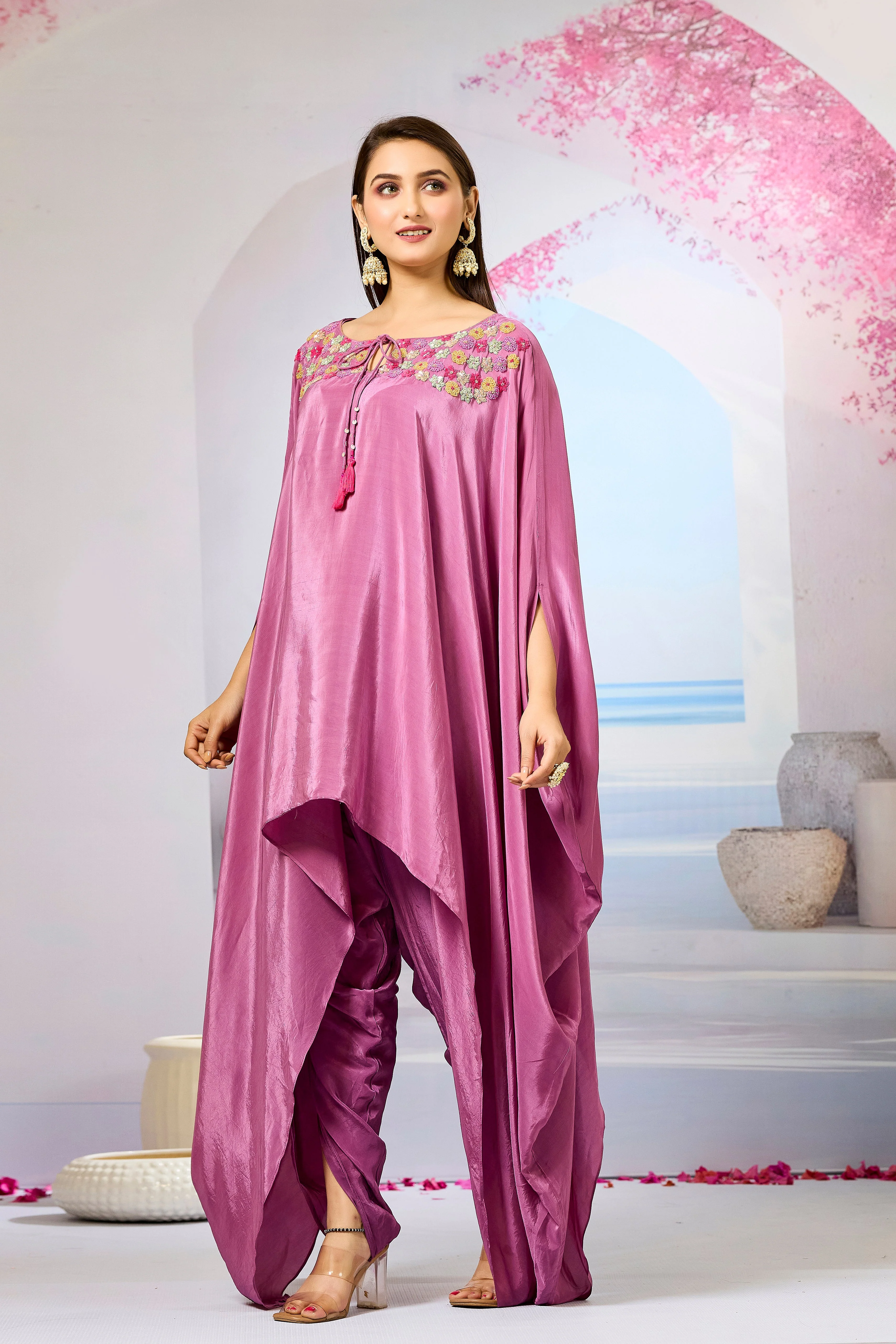 Pink Handwork Crepe Silk Kaftan Dhoti Set - Image 4
