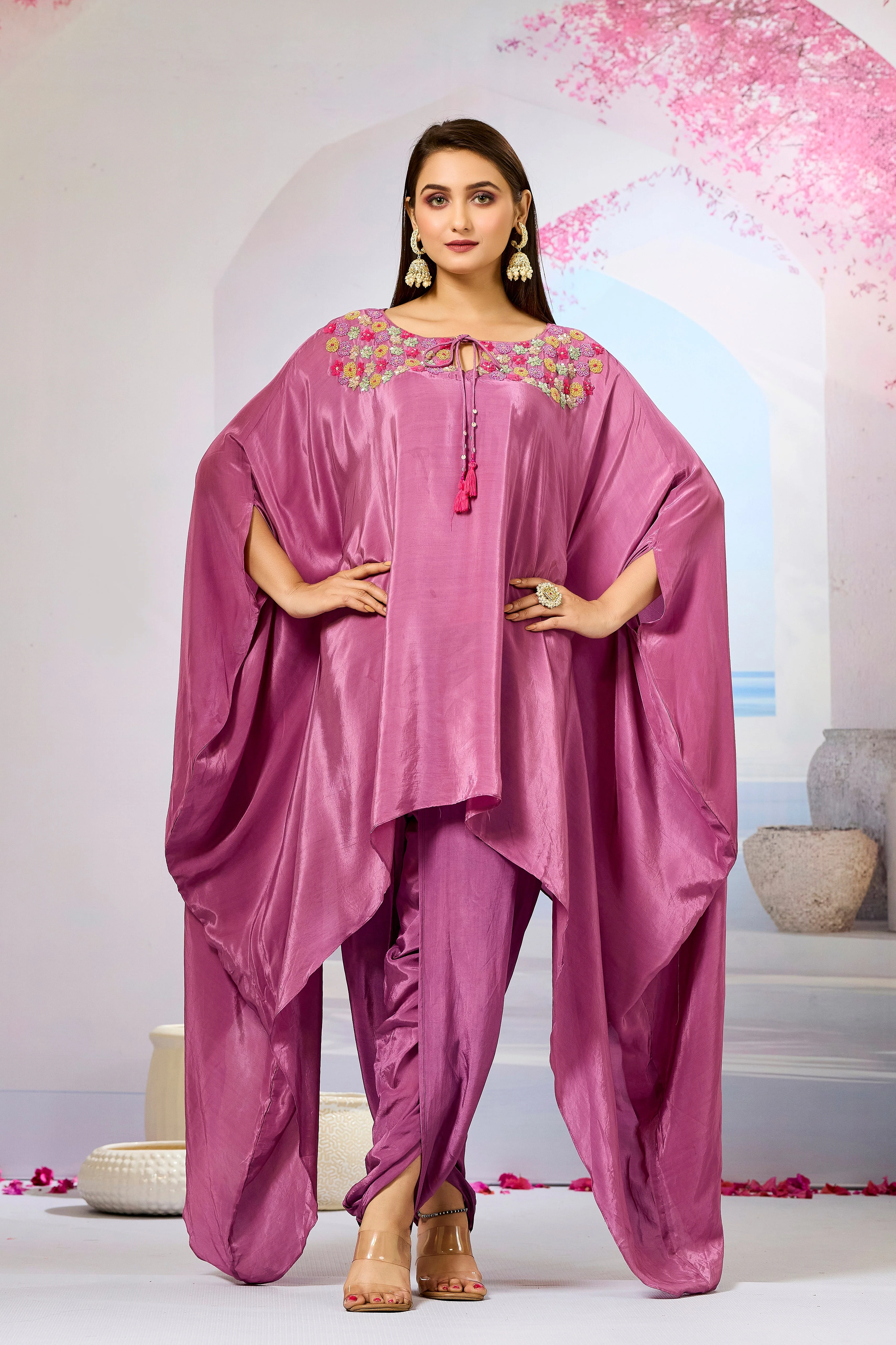 Pink Handwork Crepe Silk Kaftan Dhoti Set - Image 5