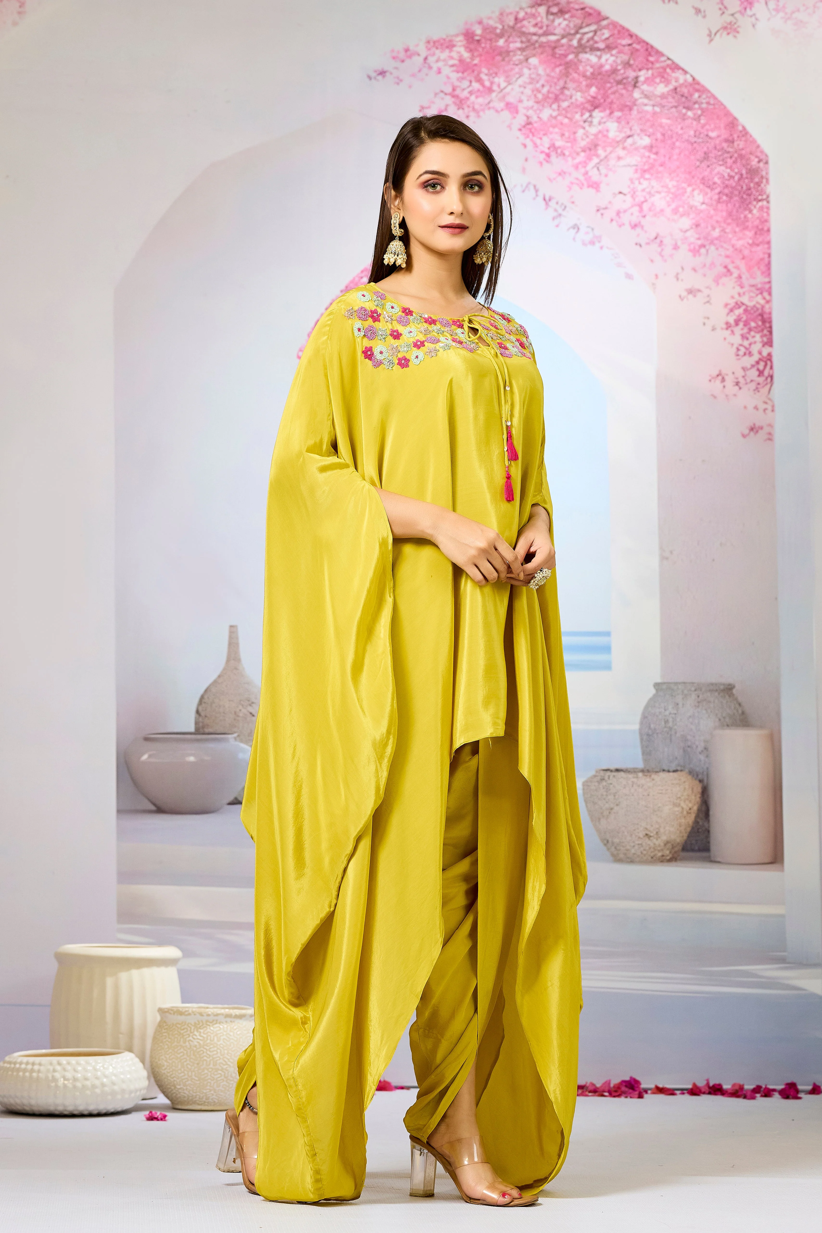 Yellow Handwork Crepe Silk Kaftan Dhoti Set - Image 3