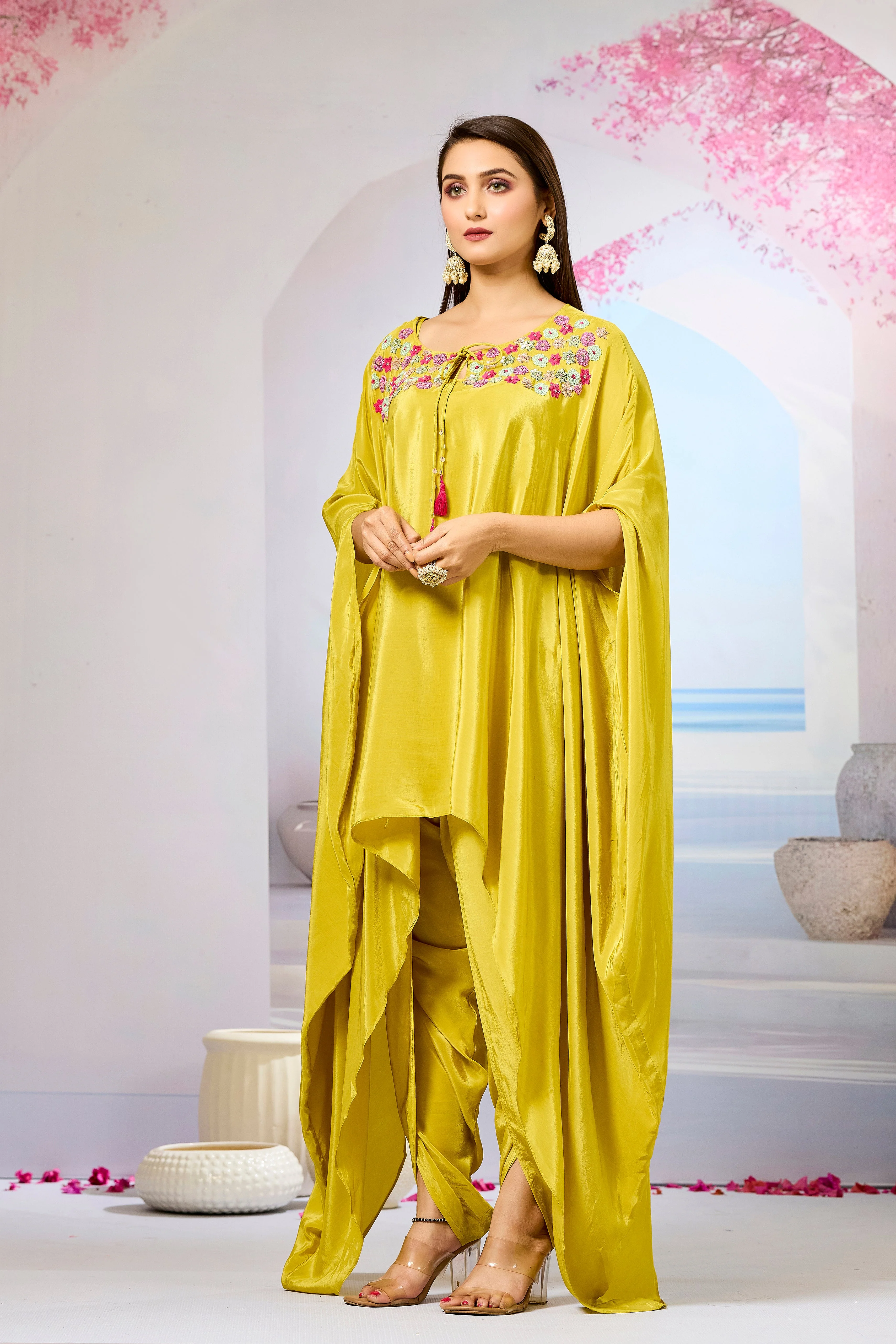 Yellow Handwork Crepe Silk Kaftan Dhoti Set - Image 4