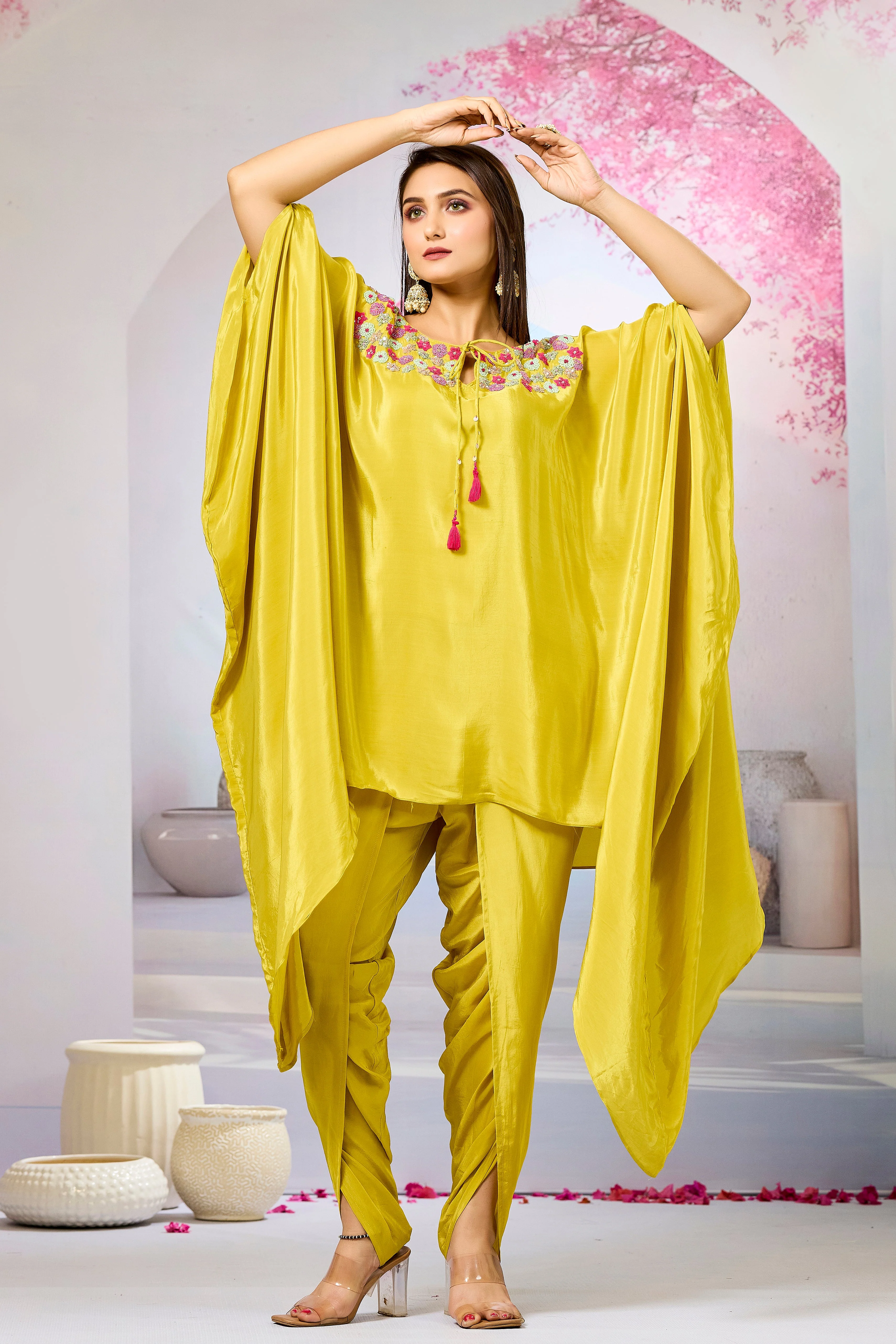 Yellow Handwork Crepe Silk Kaftan Dhoti Set - Image 5
