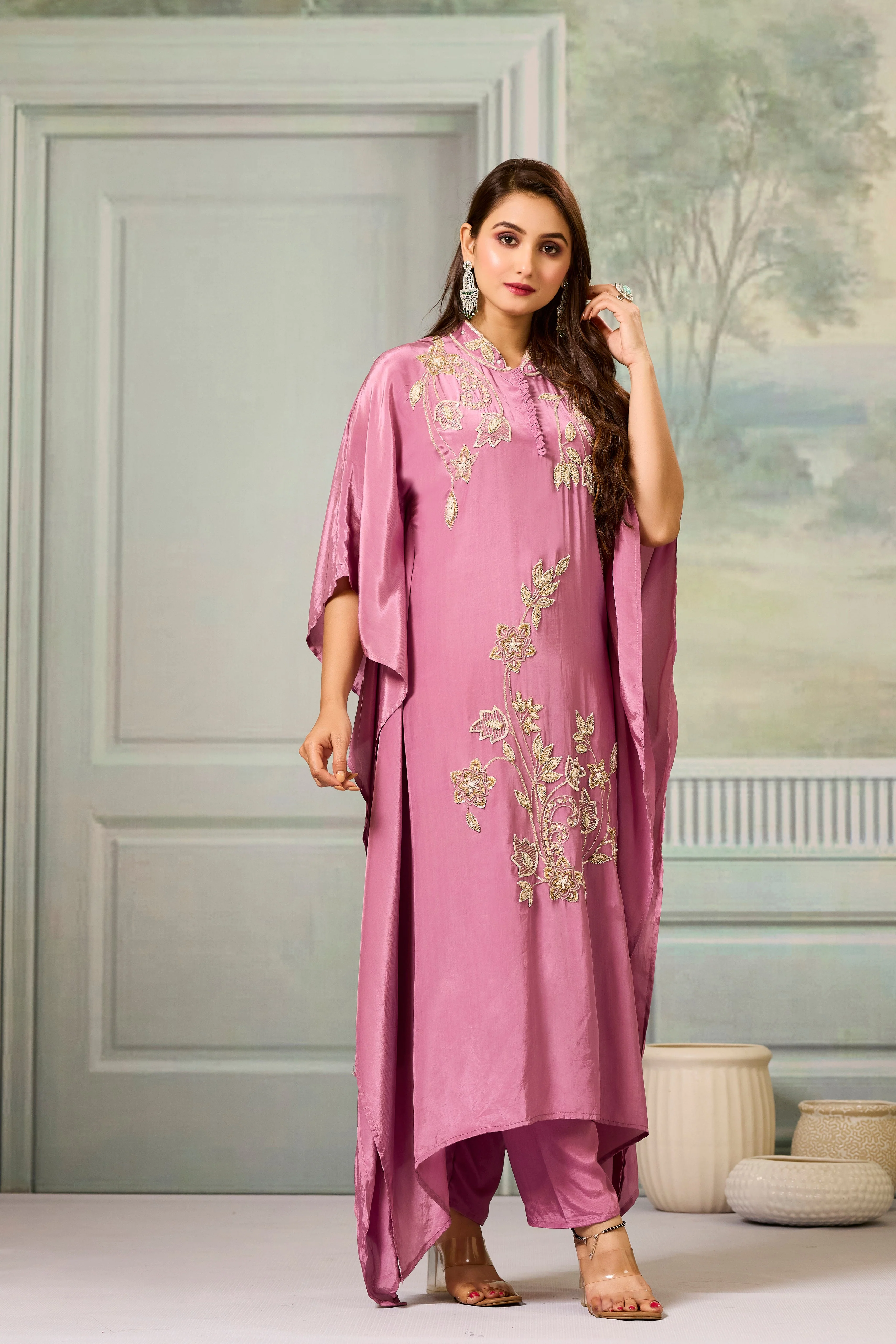 Pink Handwork Crepe Silk Kaftan Set - Image 2