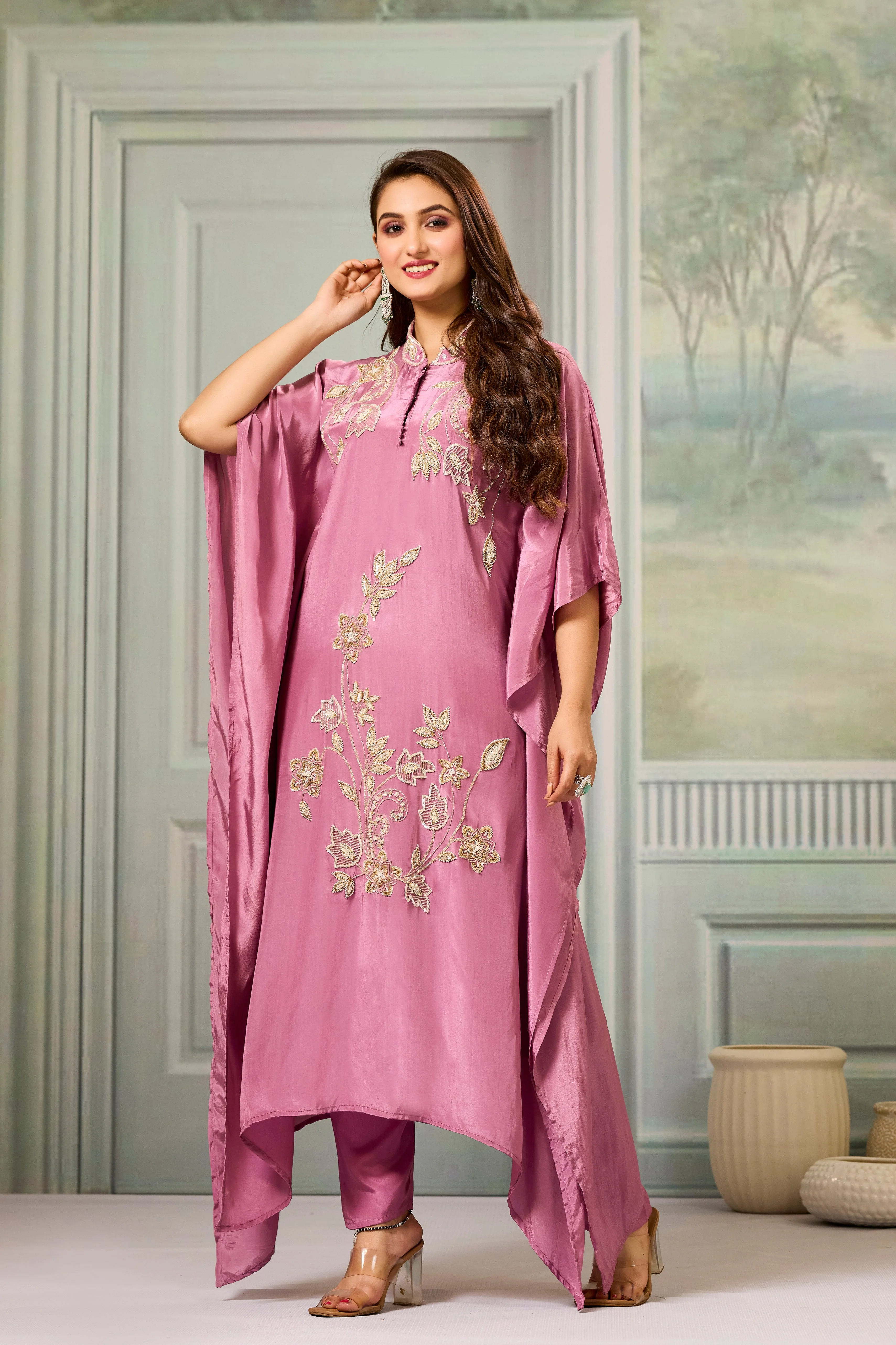 Pink Handwork Crepe Silk Kaftan Set - Image 3